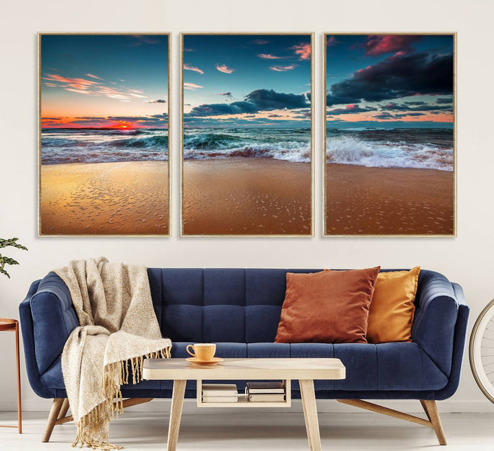 Sunset on Beach Wall Art: Waves under a vibrant sky. Crafted on museum-quality canvas, ready to hang and admire.