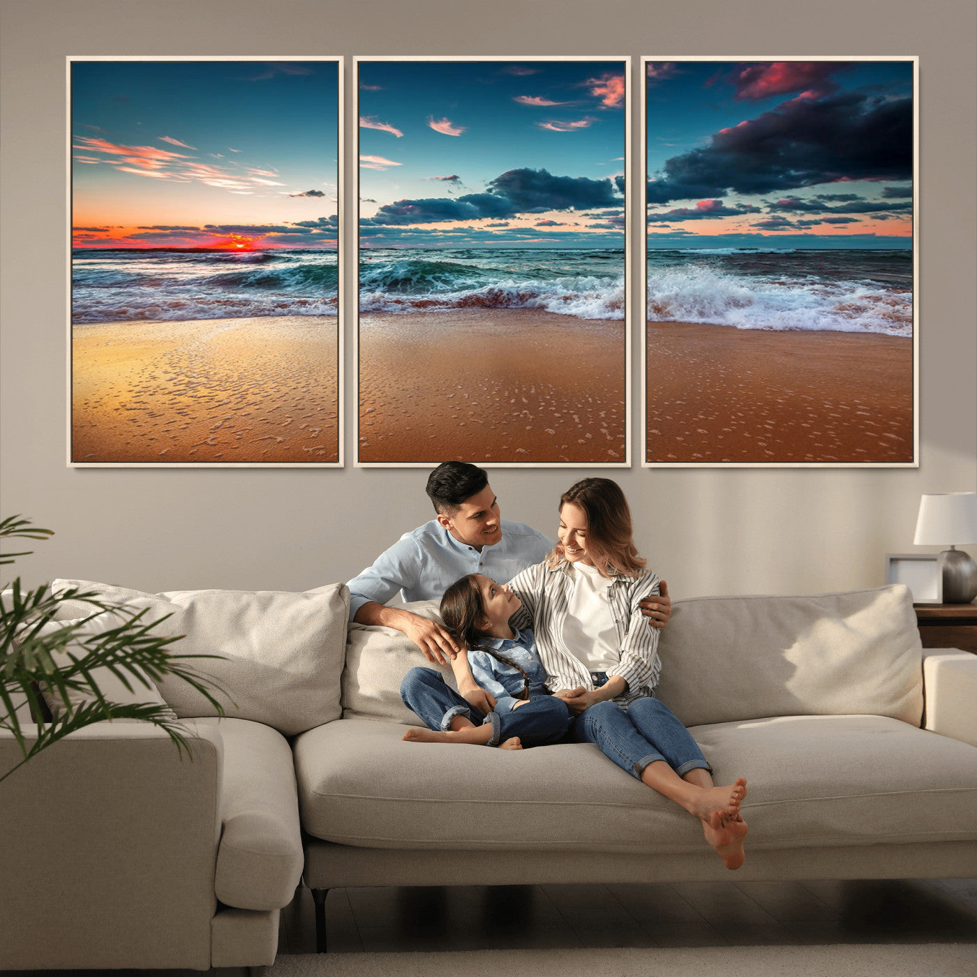 MGV-FC-60X30-3P - Sunset Ocean Beach Wall Art – Giclee Canvas Print, Coastal Seascape, Ready to Hang, Beach Decor, Large 3-Panel Set for Living Room
