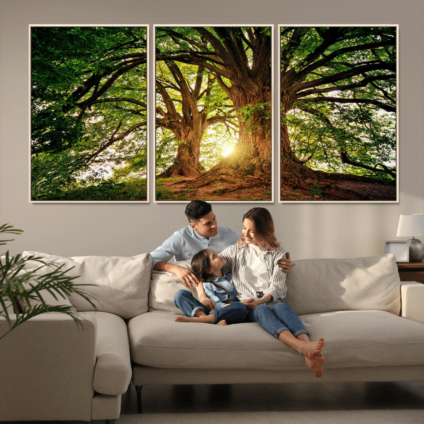 MGV-FC-60X30-3P - Majestic Ancient Tree Wall Art, Nature-Inspired Canvas Print, Woodland Art, Tree of Life Artwork, Sunlit Forest, Giclee Nature Print