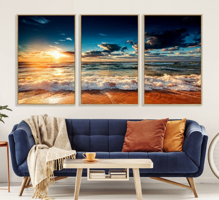 Golden Hour Sunset Over Ocean Waves Canvas: 3-Panel Coastal Landscape Art with Stunning Beach Photography Print.