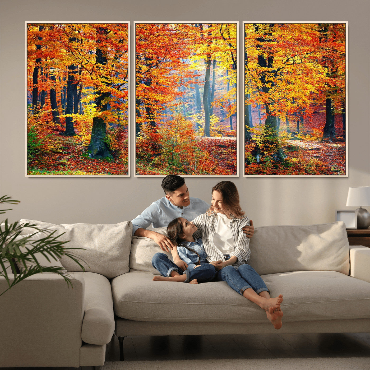 MGV-FC-60X30-3P - Autumn Red Forest Triptych Canvas Wall Art Print, Forest Wall Decor, Fall Landscape Art | Season Nature Landscape for Home or Office