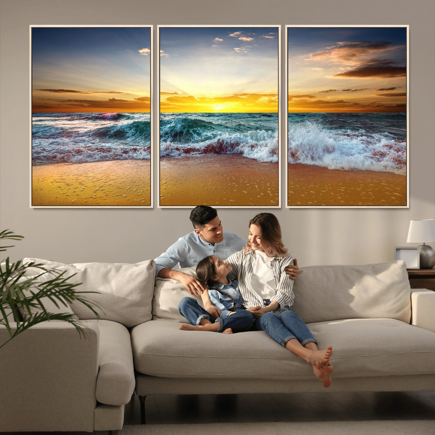 MGV-FC-60X30-3P - Golden Sunset Ocean Waves Wall Art Canvas Print – Multi Panel Beach Canvas Print Set – Large Coastal Triptych Print for Home or Farmhouse Decor