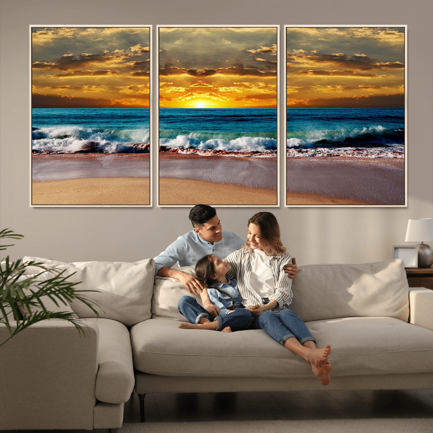 MGV-FC-60X30-3P - Ocean Sunrise Over Golden Beach Waves, Giclee Canvas Wall Art Set, High-Quality Stretched Canvas Print, Ready to Hang Coastal Sunset Wall Decor
