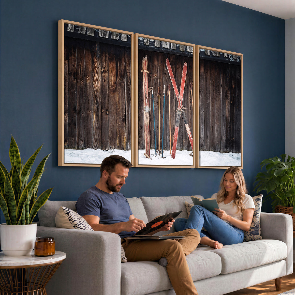 78590-MGV-CV-36X24 - Vintage Ski Gear Canvas Print, Vintage Ski Gear Against Wooden Cabin Wall