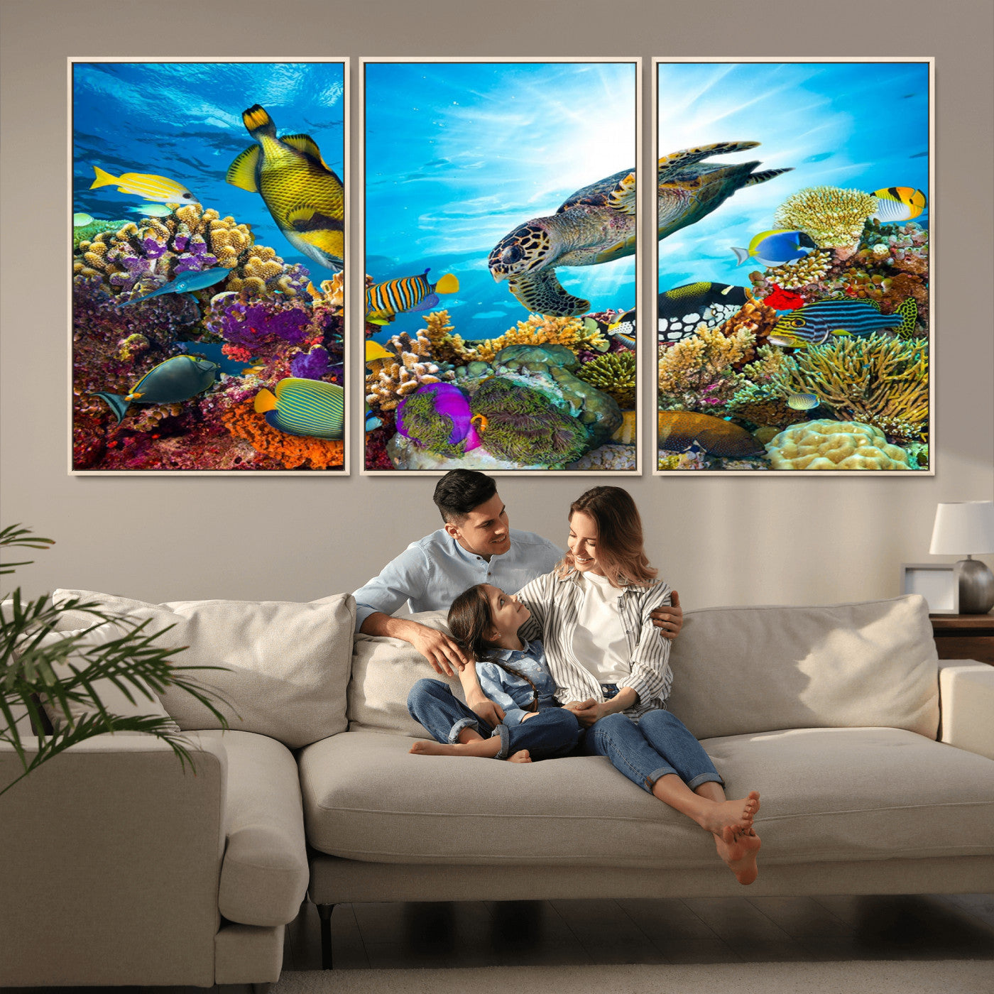 MGV-FC-60X30-3P - Sea Turtle Coral Reef Wall Art Print – Colorful Underwater Canvas Print – Tropical Ocean Marine Life Artwork – Perfect for Coastal Home Decor