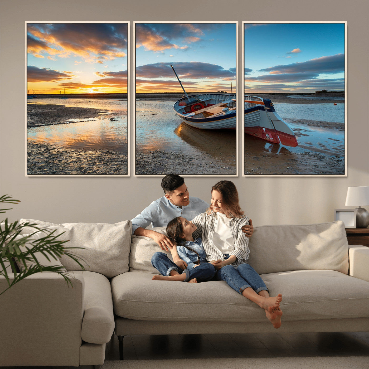 MGV-FC-60X30-3P - Small Boat At The Beach Sunset Wall Art, Boat Sunset Wall Art Canvas Print
