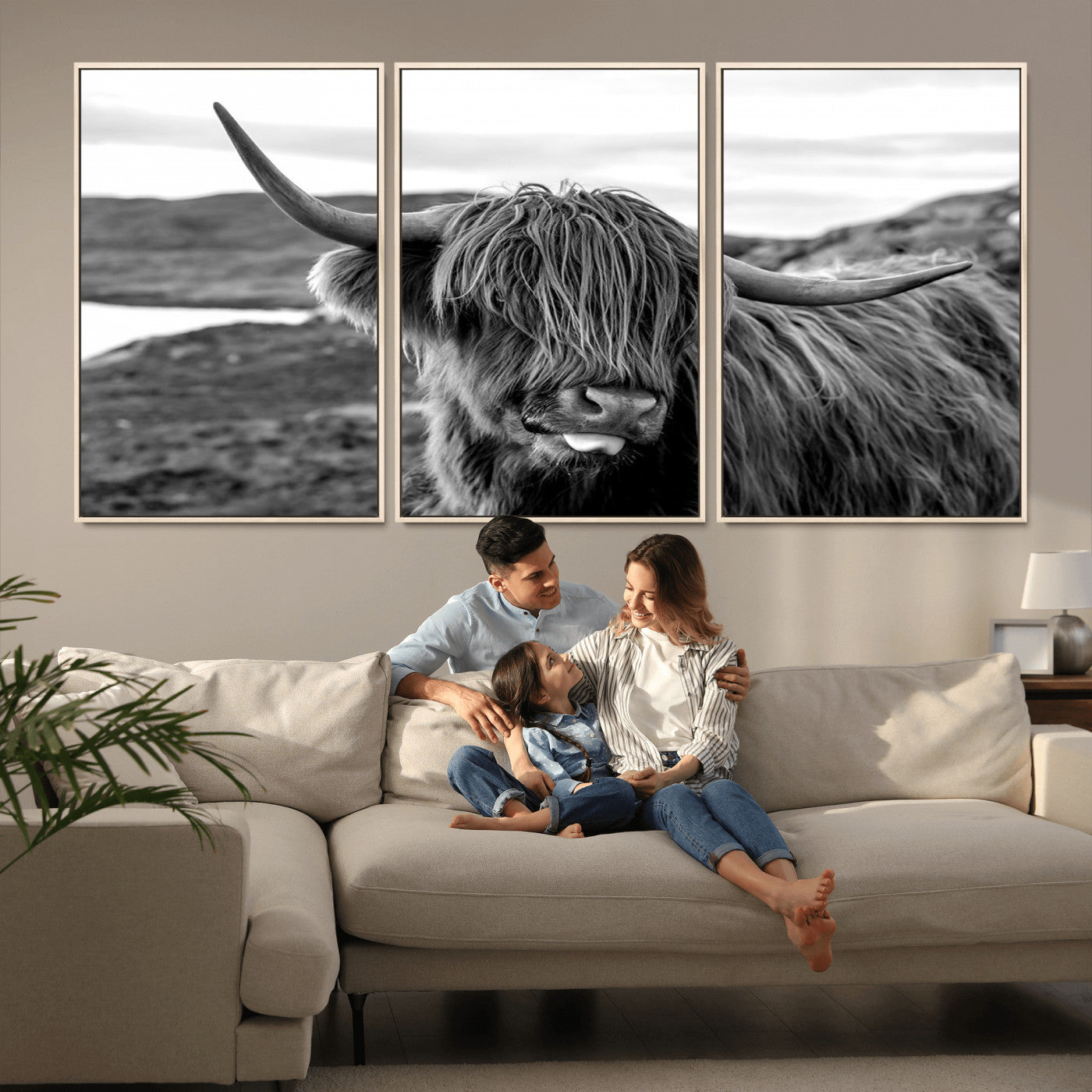 MGV-FC-60X30-3P - Highland Cow Canvas Wall Art – Black and White Animal Portrait – Framed and Ready to Hang Rustic Farmhouse Decor for Living Room or Office