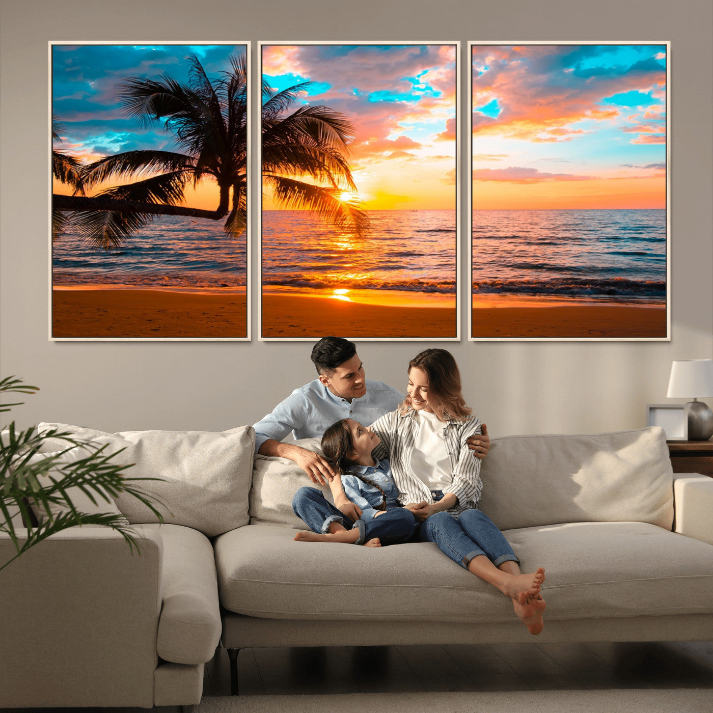 -Palm Tree Sunset On The Beach Wall Art Canvas, Framed Palm Tree Sunset Canvas Print