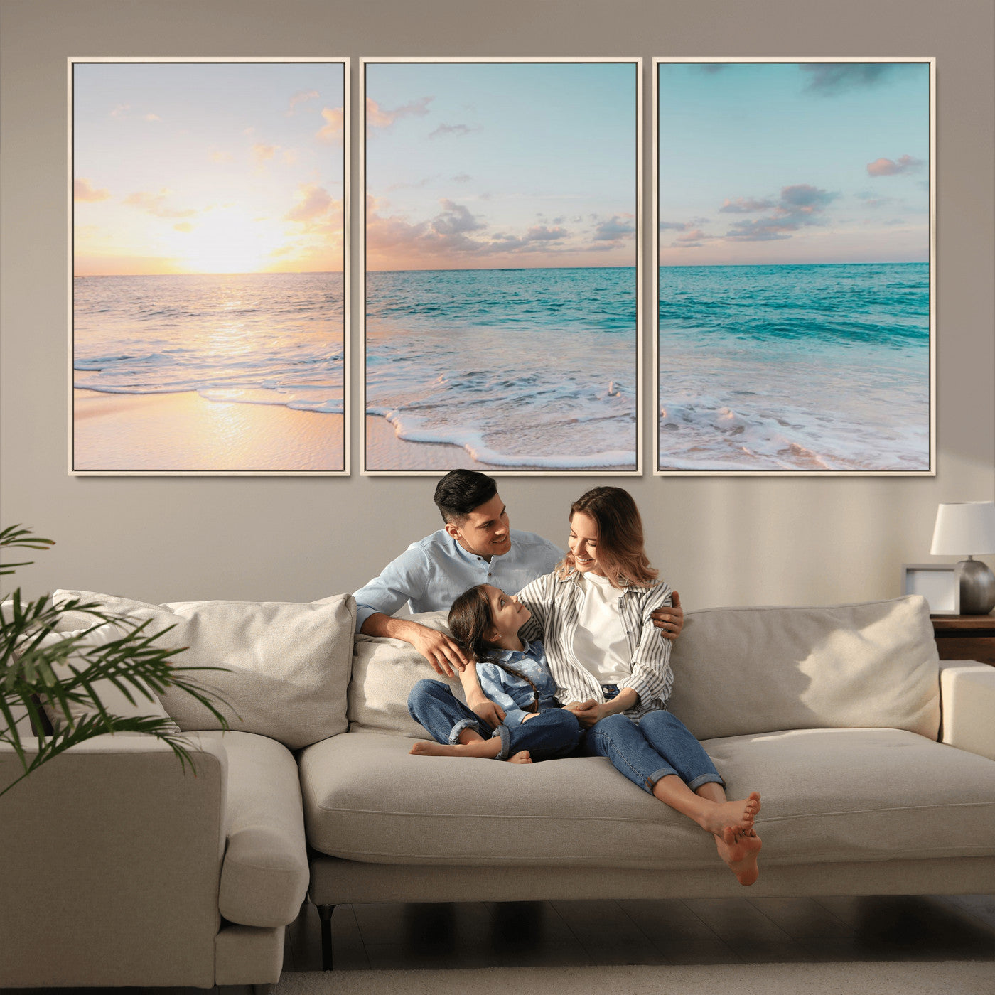 MGV-FC-60X30-3P - Tranquil Ocean Beach Sunset Canvas Wall Art | 3-Panel Coastal Decor