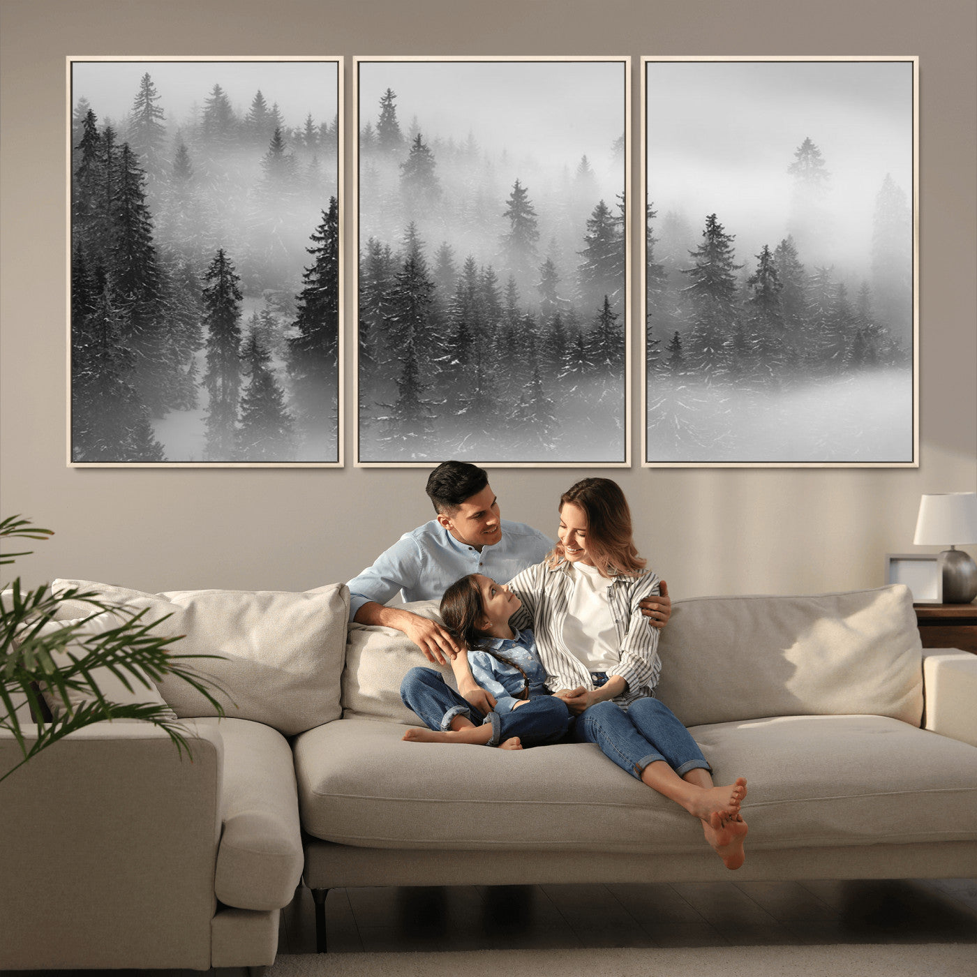 MGV-FC-60X30-3P - Black and White Forest Wall Art Print – Misty Pine Tree Canvas Print – Winter Woodland Nature Artwork – Perfect for Minimalist Home Decor