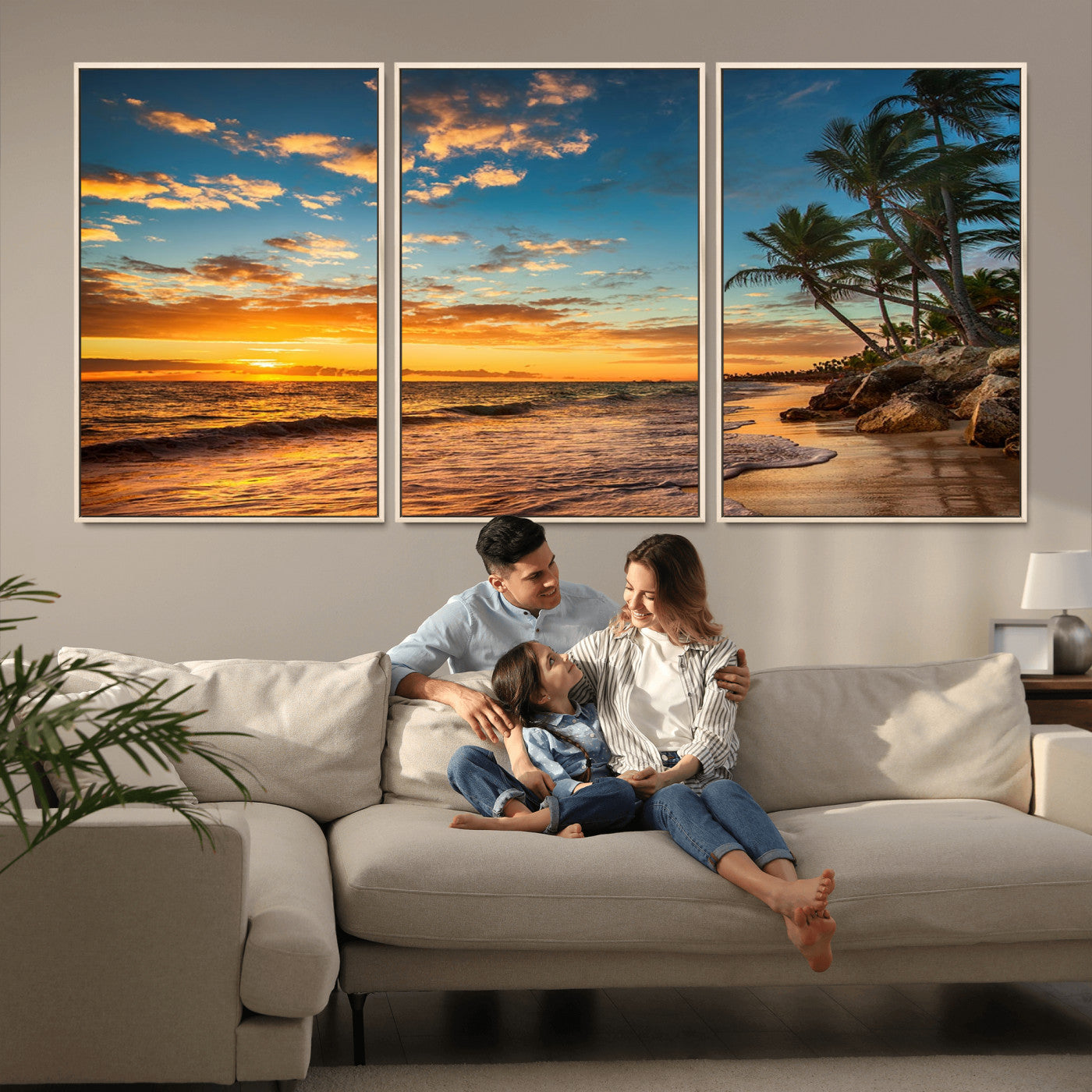 MGV-FC-60X30-3P - Tropical Beach Sunset Wall Art Print – Palm Tree Coastal Canvas Print – Ocean Seascape Artwork – Perfect for Tropical Modern Home Decor
