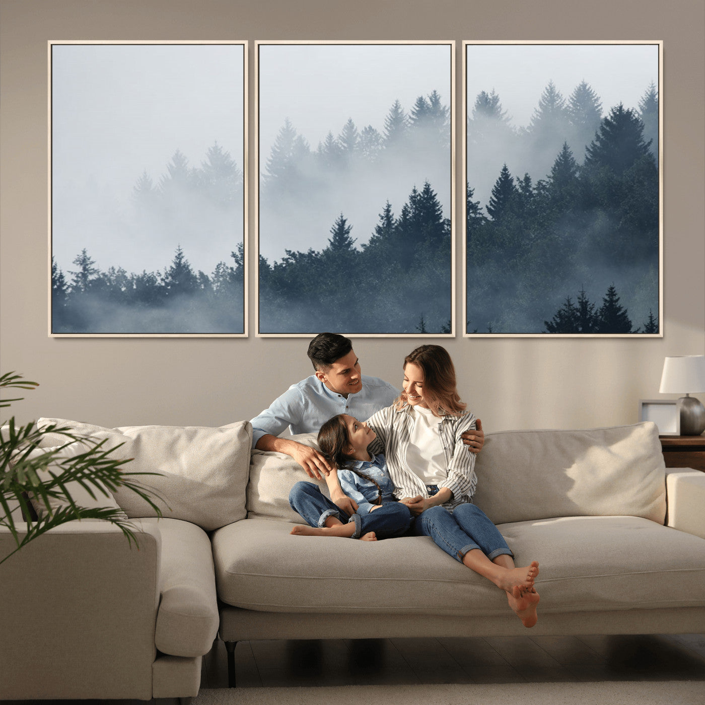 MGV-FC-60X30-3P - Misty Forest Wall Art Print – Foggy Pine Tree Canvas Print – Dark Woodland Nature Artwork – Perfect for Minimalist and Modern Home Decor