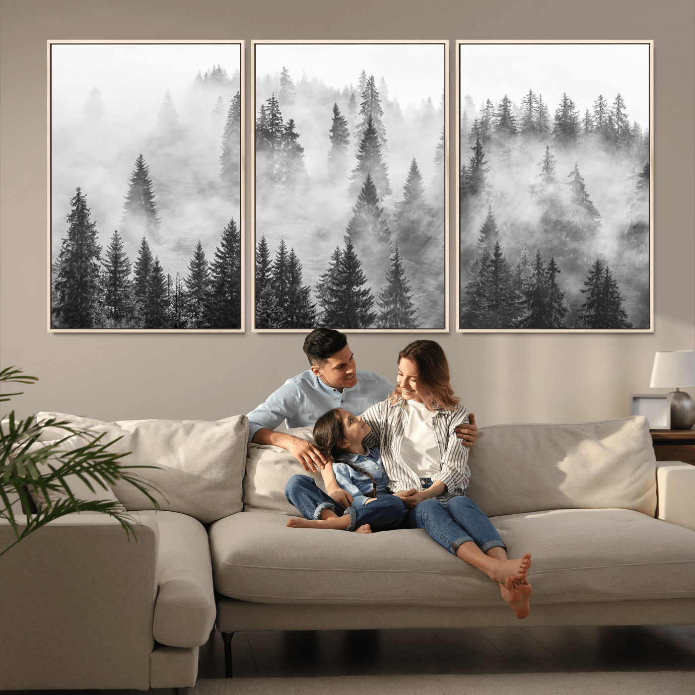 10422-MGV-FC-60X30-3P_Natural-Forest Wall Art Print | Foggy Pine Forest Canvas Wall Art - Black and White Nature Decor for Living Room