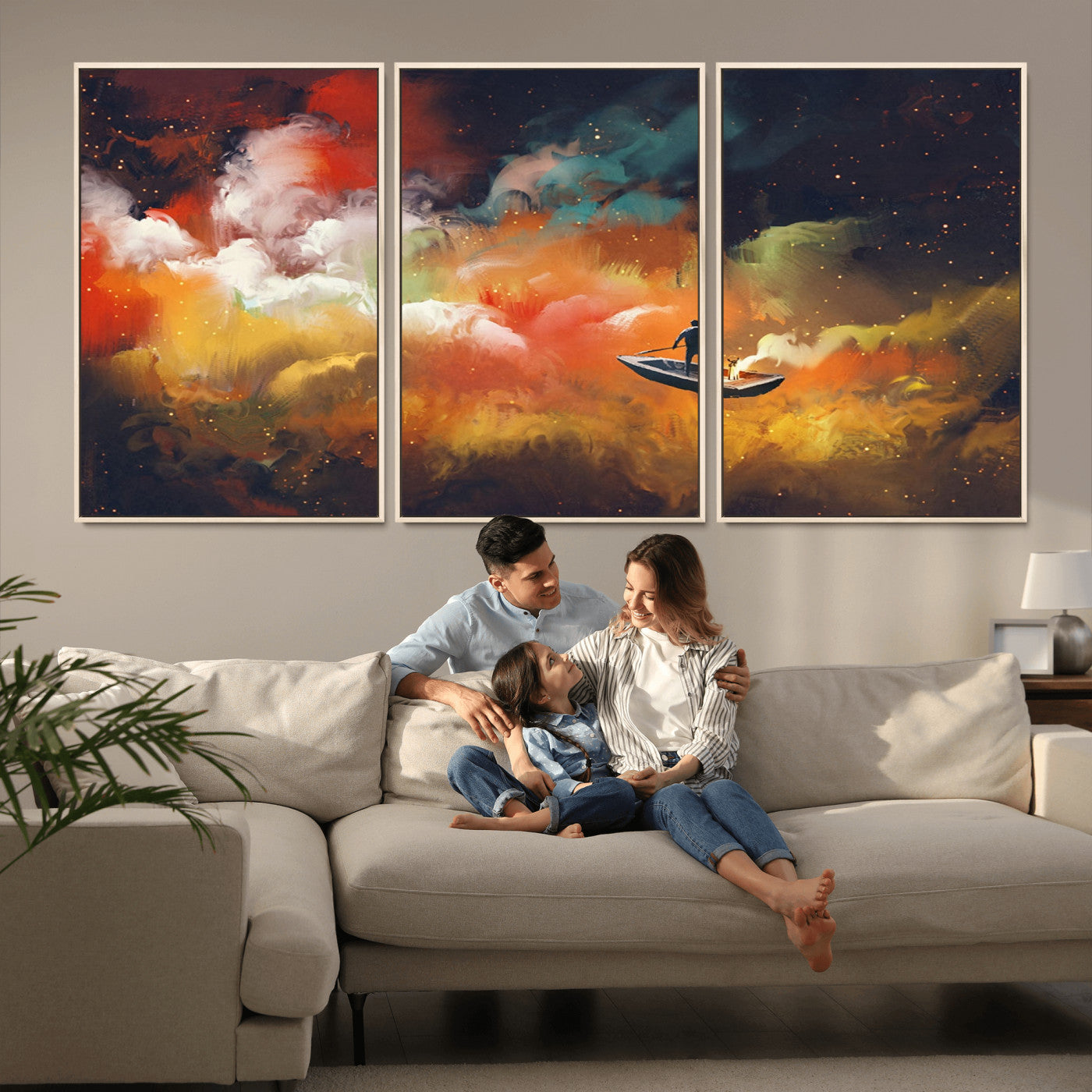 MGV-FC-60X30-3P - Surreal Space Adventure Canvas Wall Art – Dreamlike Abstract Galaxy Print – Framed and Ready to Hang for Living Room or Bedroom Decor