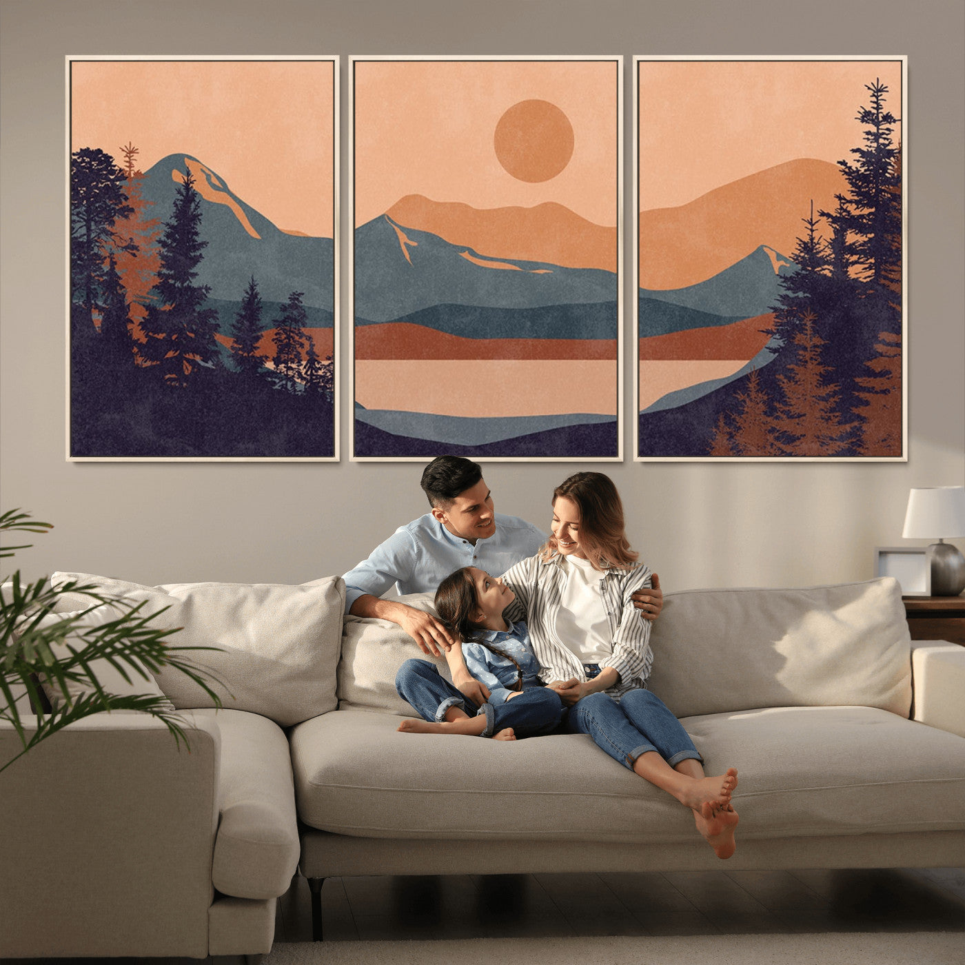 MGV-FC-60X30-3P - Modern Boho Sunset Canvas Print, Mountain Landscape Triptych – Giclée Canvas Art Print for Living