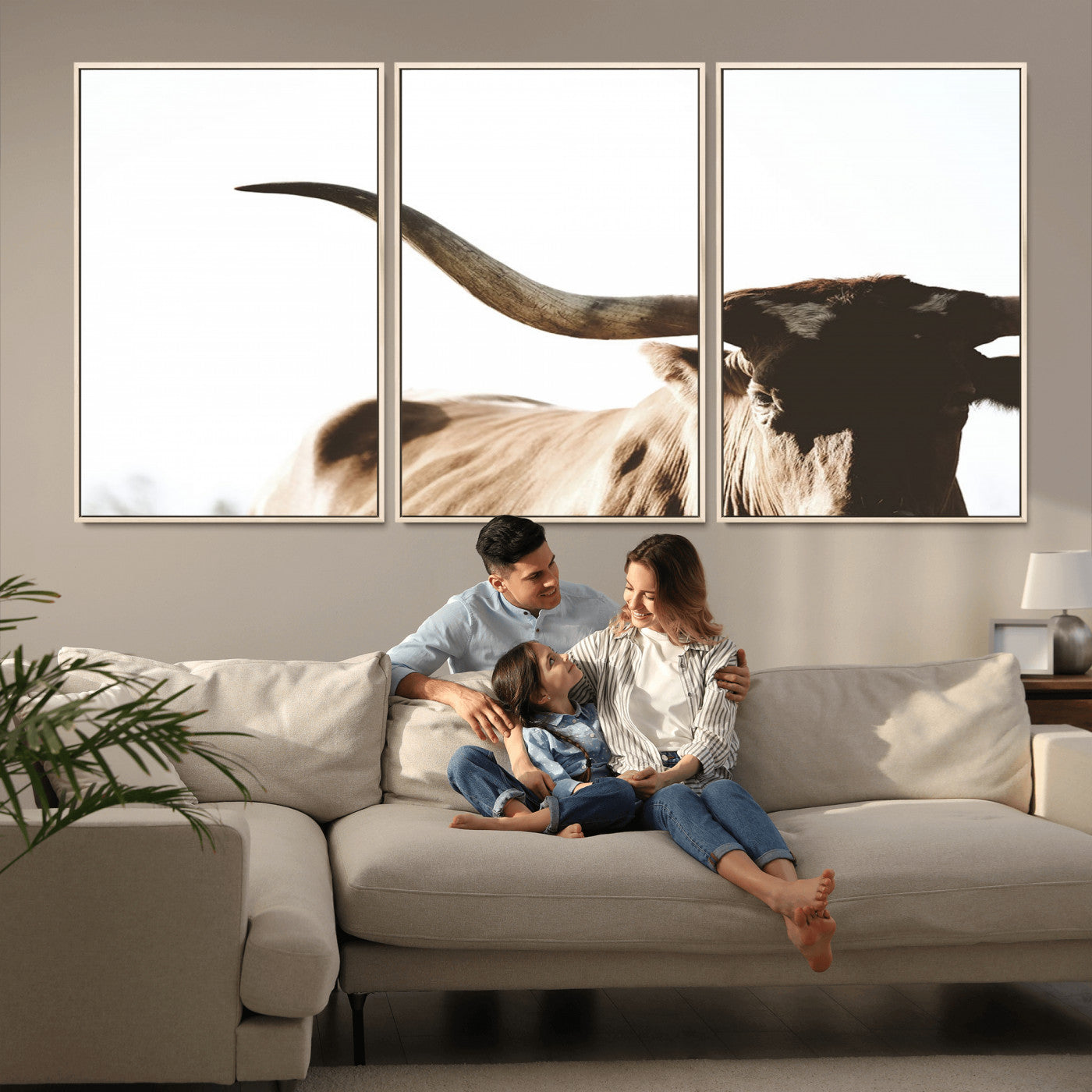 MGV-FC-60X30-3P - Texas Longhorn Wall Art Canvas Print | 3-Panel Large Longhorn Canvas Print for Living Room, Framed Gallery Wrap Office, Rustic Western Cowboy Decor