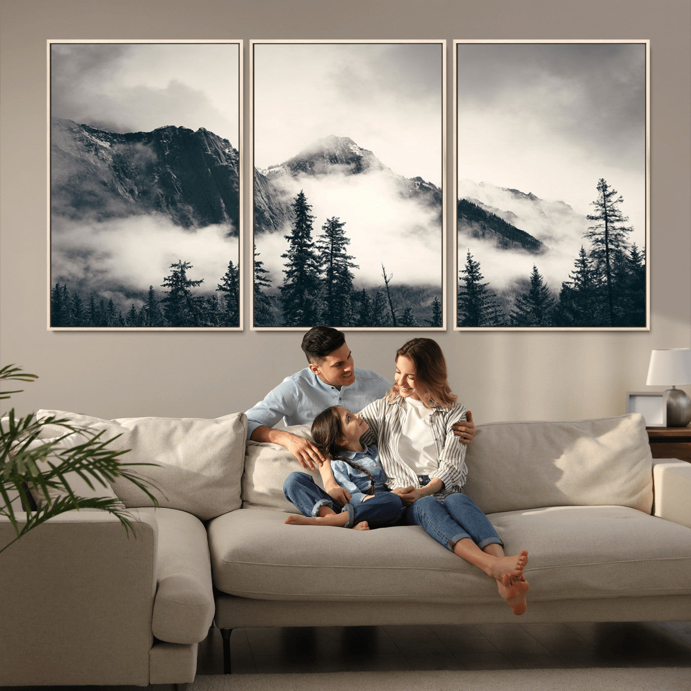 MGV-FC-60X30-3P - Large Foggy Mountain Forest Wall Art Canvas Print | Misty Mountain Peaks and Pine Trees Print | Framed Gallery Wrap | Rustic Nature Farmhouse Decor