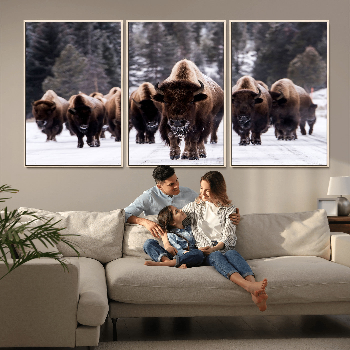 MGV-FC-60X30-3P - Bison Wall Art Canvas Print- Bison Herd Canvas Wall Art – Majestic Wildlife Photography – Framed and Ready to Hang Nature-Inspired Art - Buffalo Wall Art Print