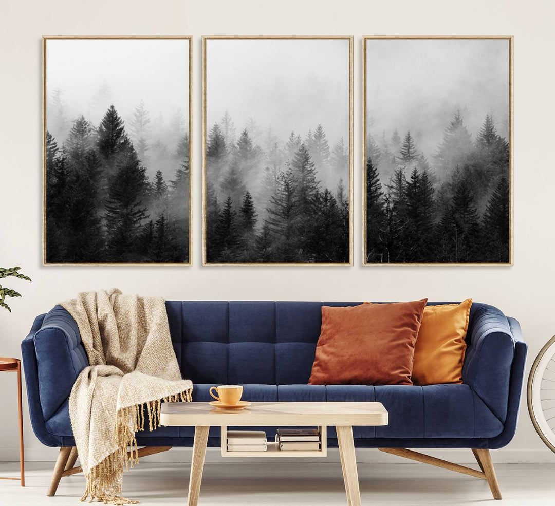 Fogy Forest Canvas Art features misty pines and a mountain landscape.