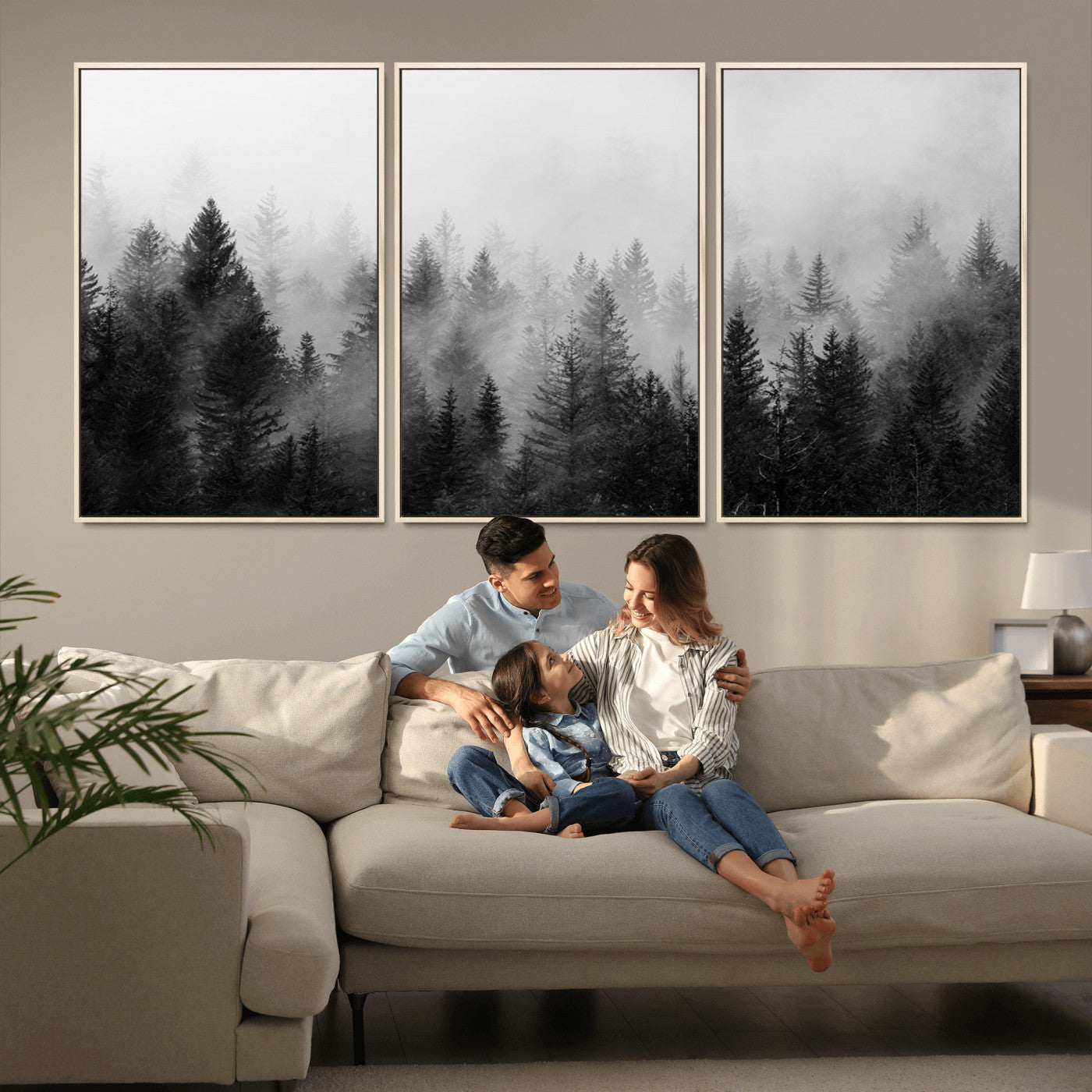 MGV-FC-60X30-3P - Foggy Black and White Forest Wall Art, 3 Panel Misty Pine Trees Canvas Print for Living Room, Office, or Bedroom, Nature-Inspired Woodland Wall Decor