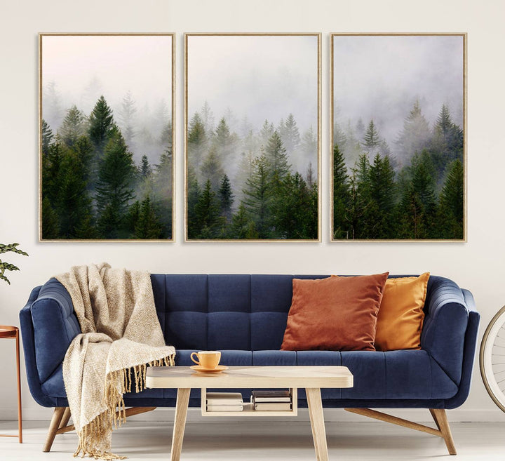 A serene, foggy evergreen forest creates a mysterious atmosphere, ideal for premium canvas wall art.