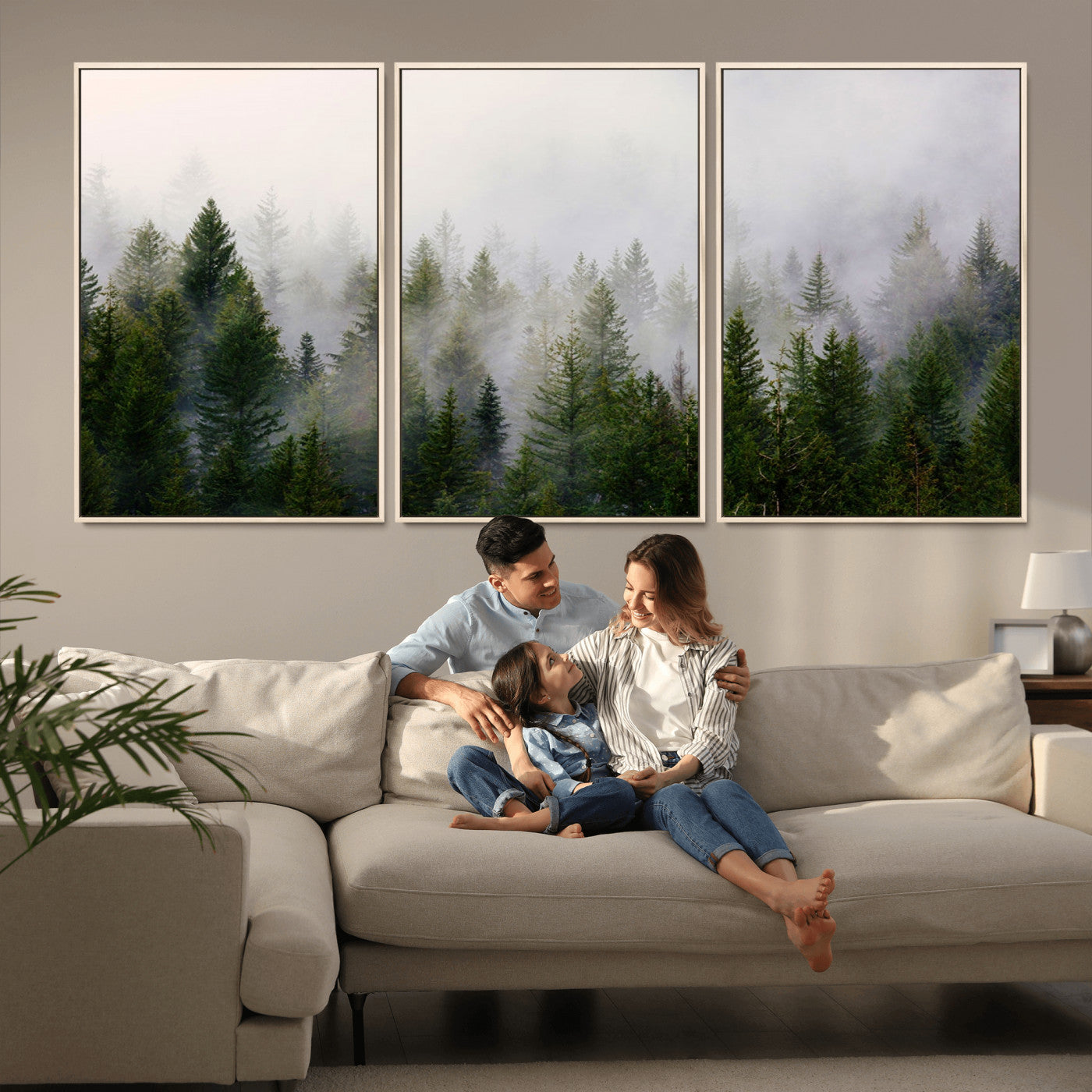 MGV-FC-60X30-3P - Misty Pine Forest Wall Art Canvas Print | 3 Panel Green Woodland Canvas Print for Living Room, Office, or Dining Room | Nature Foggy Forest Decor