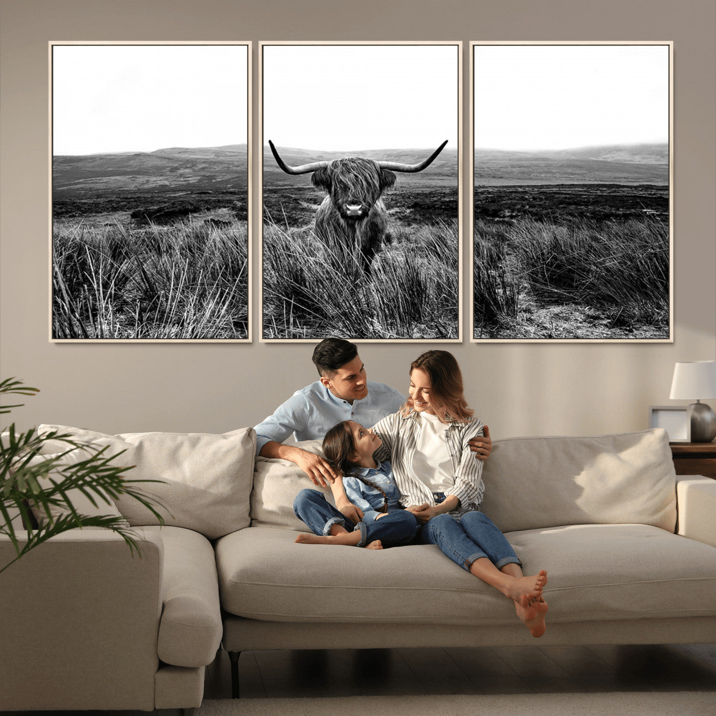 MGV-FC-60X30-3P - Black and White Highland Cow Canvas Wall Art, Longhorn Triptych Western Wall Decor for Cabin -