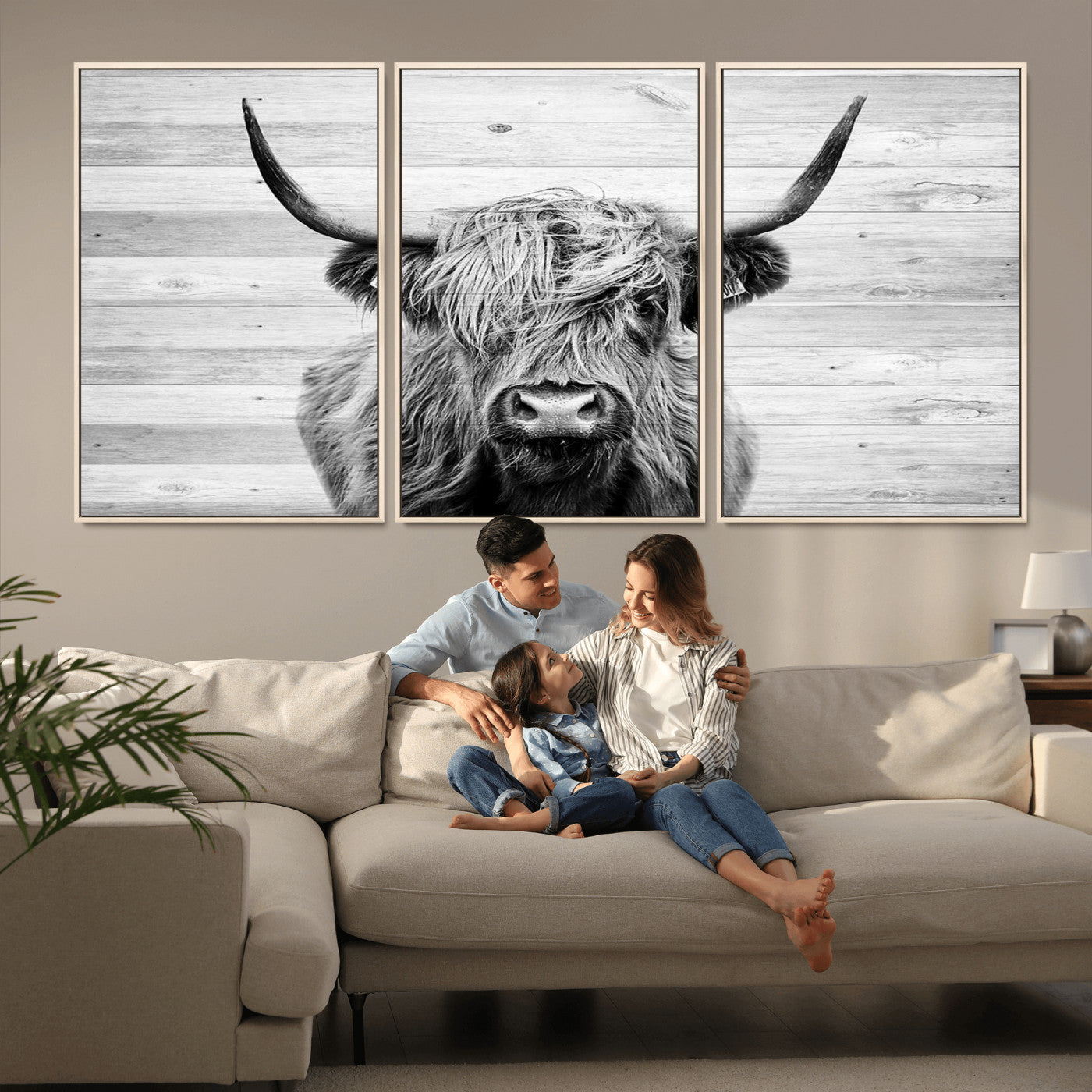 MGV-FC-60X30-3P - Scottish Highland Cow Cattle Art Print on Wood Background Style