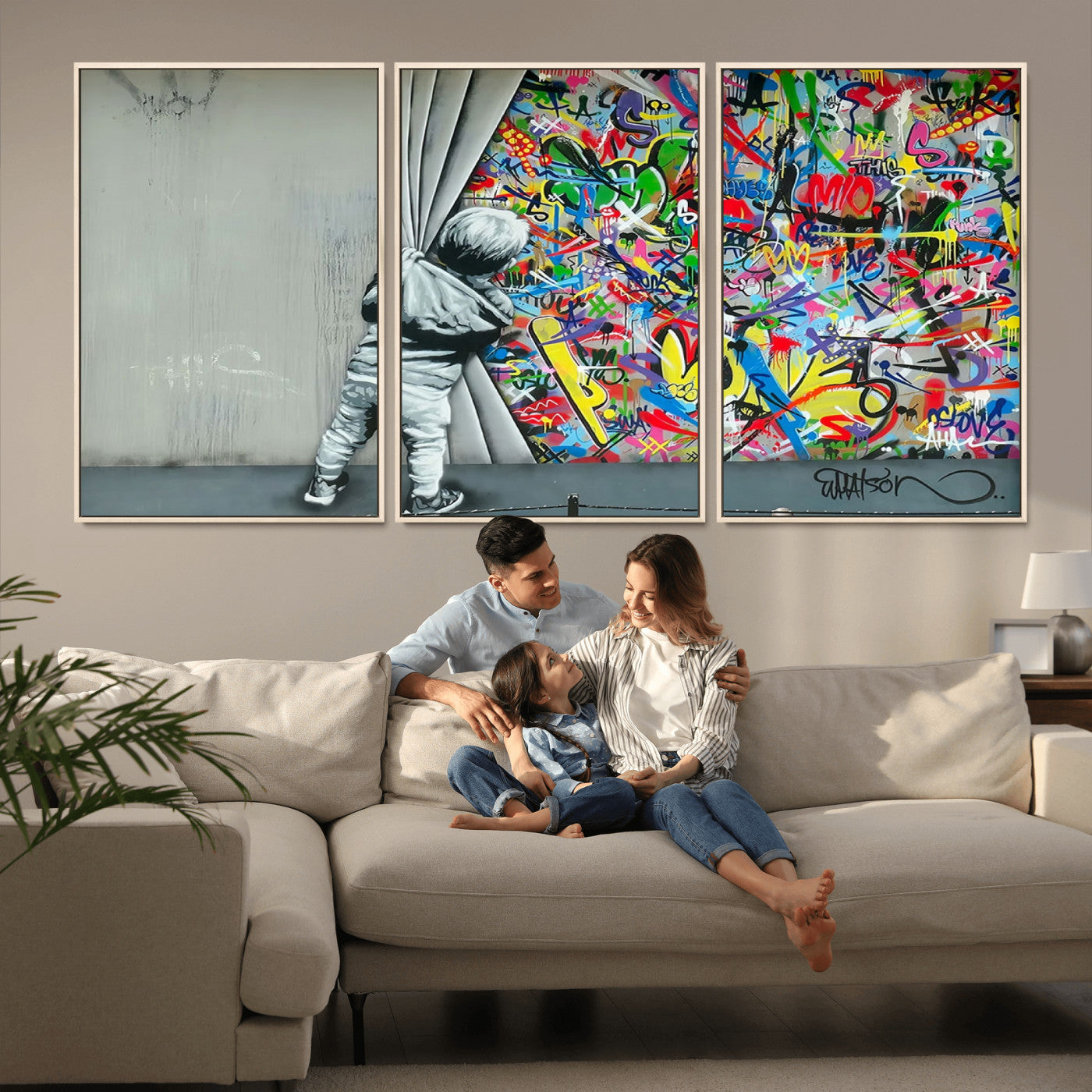 MGV-FC-60X30-3P - Banksy Colorful Street Graffiti Canvas Wall Art Print, Modern Art Triptych, Child and Graffiti Wall, Urban Art for Home or Office Decor