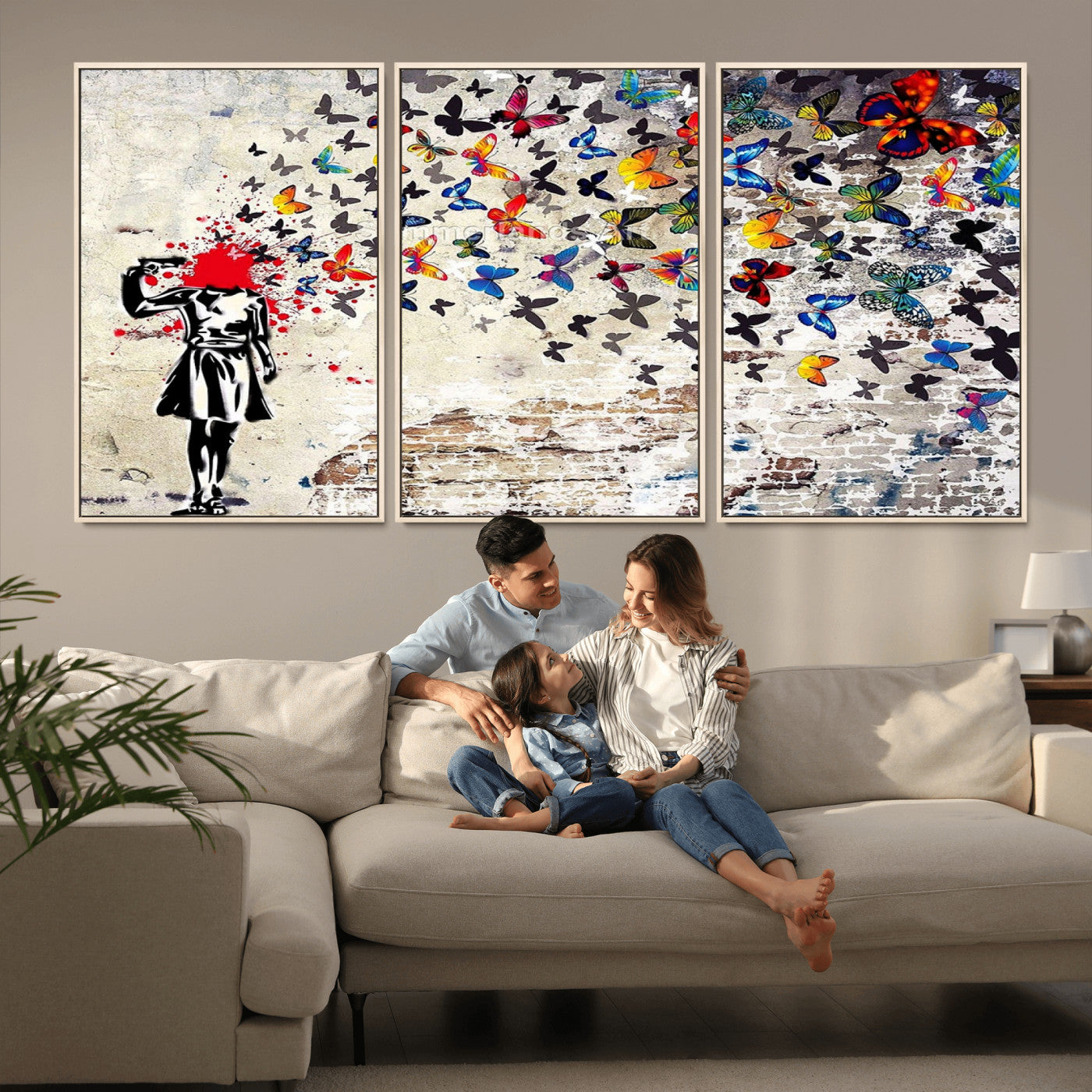 MGV-FC-60X30-3P - Banksy Art Butterfly Girl Explosion Canvas Art – Vibrant Urban Graffiti for Modern Interiors - Ready to Hang