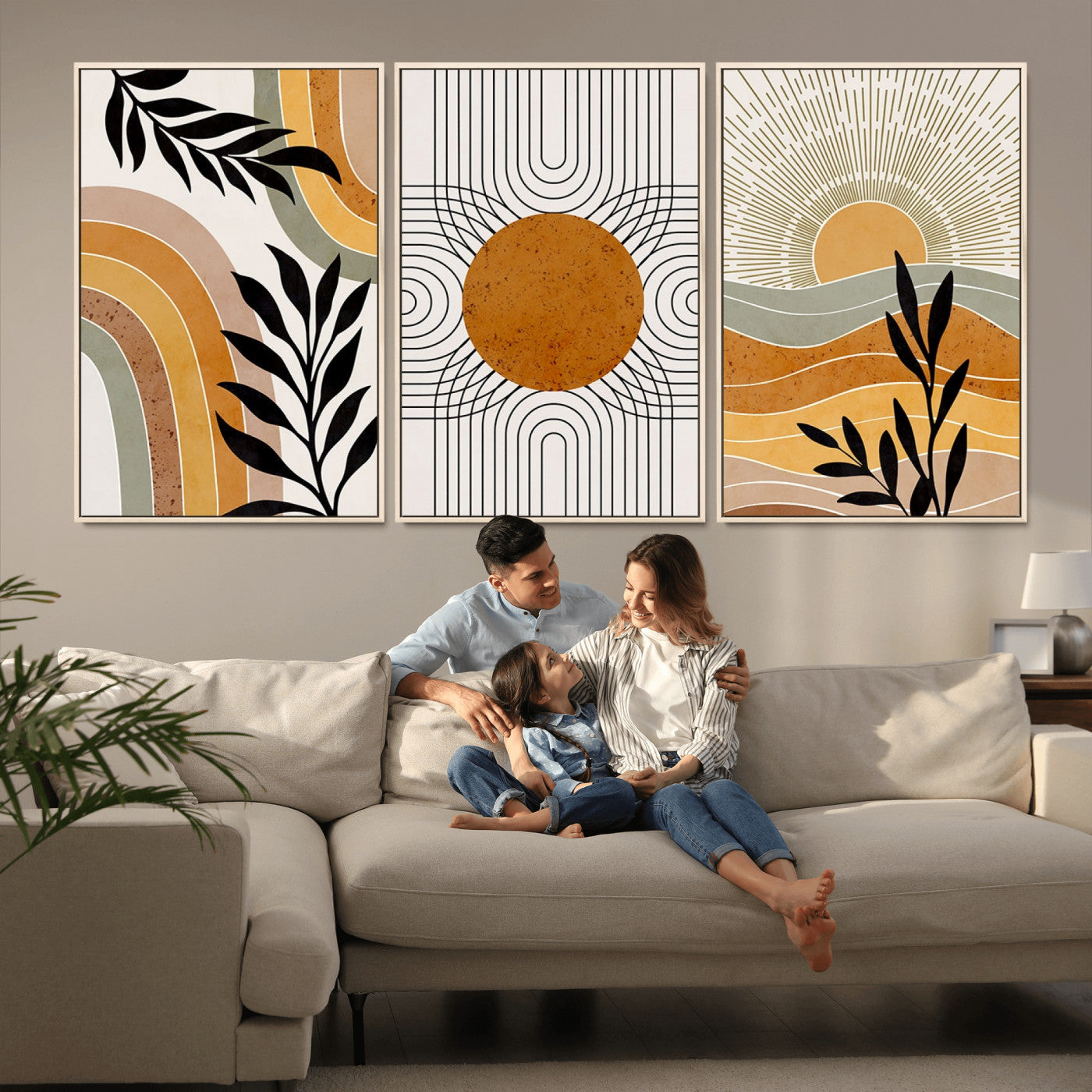 MGV-FC-60X30-3P - Modern Boho Sun and Leaf Abstract Art – 3-Panel Giclée Canvas for Mid-Century Modern or Bohemian Wall Decor