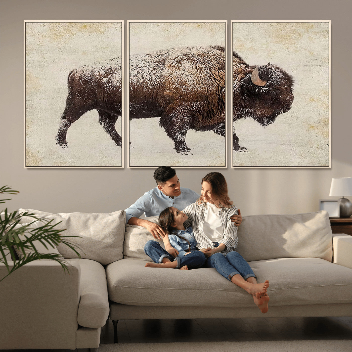 MGV-FC-60X30-3P - Buffalo Wall Art, Western Bison Canvas Print, Rustic Buffalo Art for Cowboy Western Decor, Large Multi-Panel Giclee Canvas for Farmhouse Wall Decor