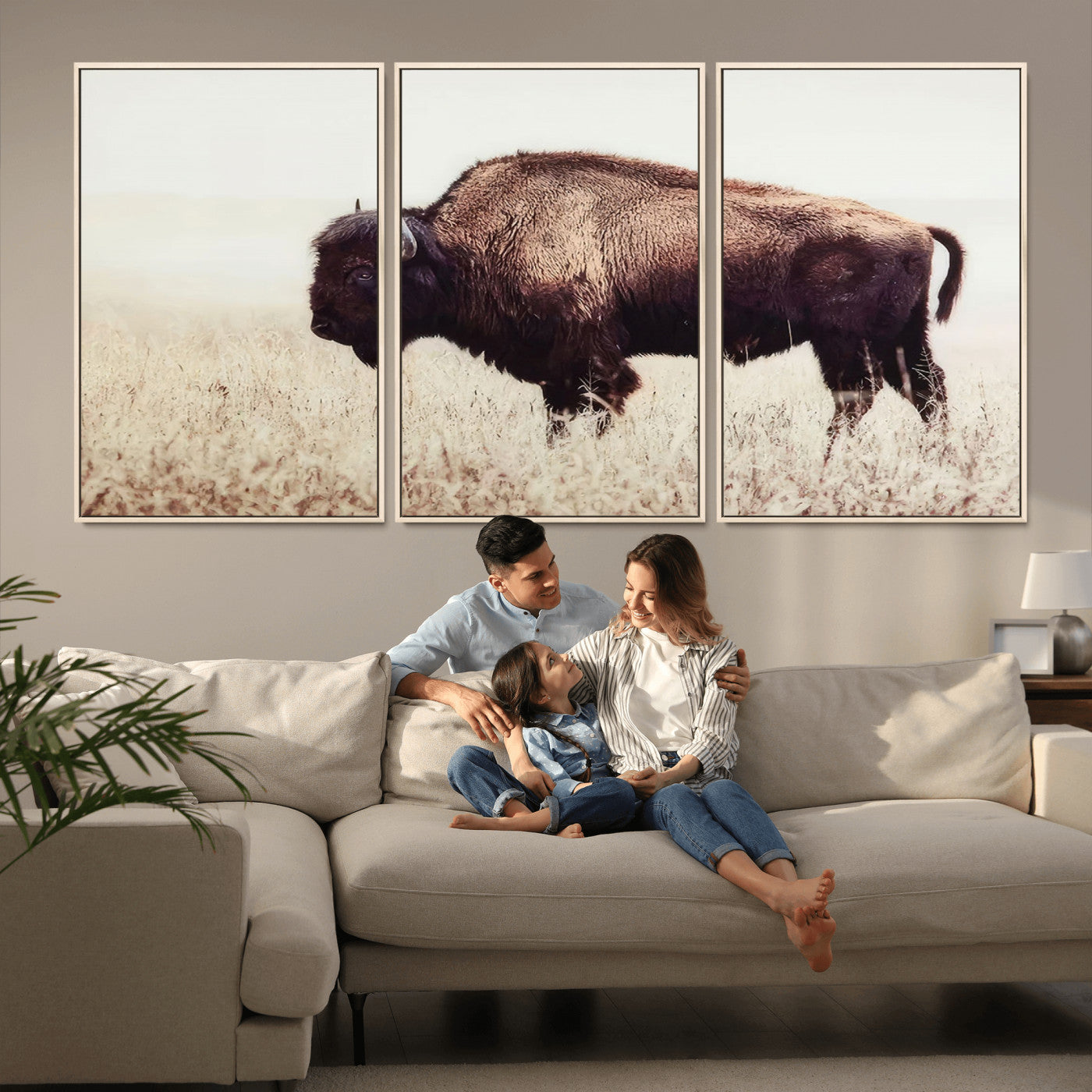 MGV-FC-60X30-3P - Bison in Field Wall Art Canvas Print For Farmhouse Barn Decor