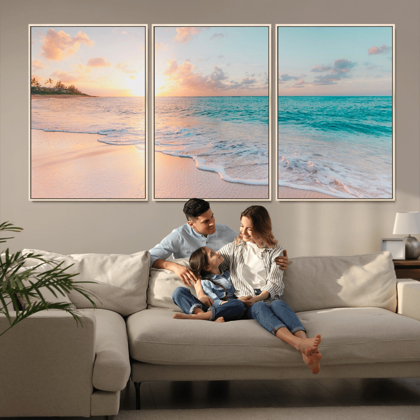 MGV-FC-60X30-3P - Beach Sunrise Wall Art, Coastal Seascape Canvas Print, Ocean Wave Multi-Panel Giclee, Coastal Sunset Beach Scene for Modern Decor