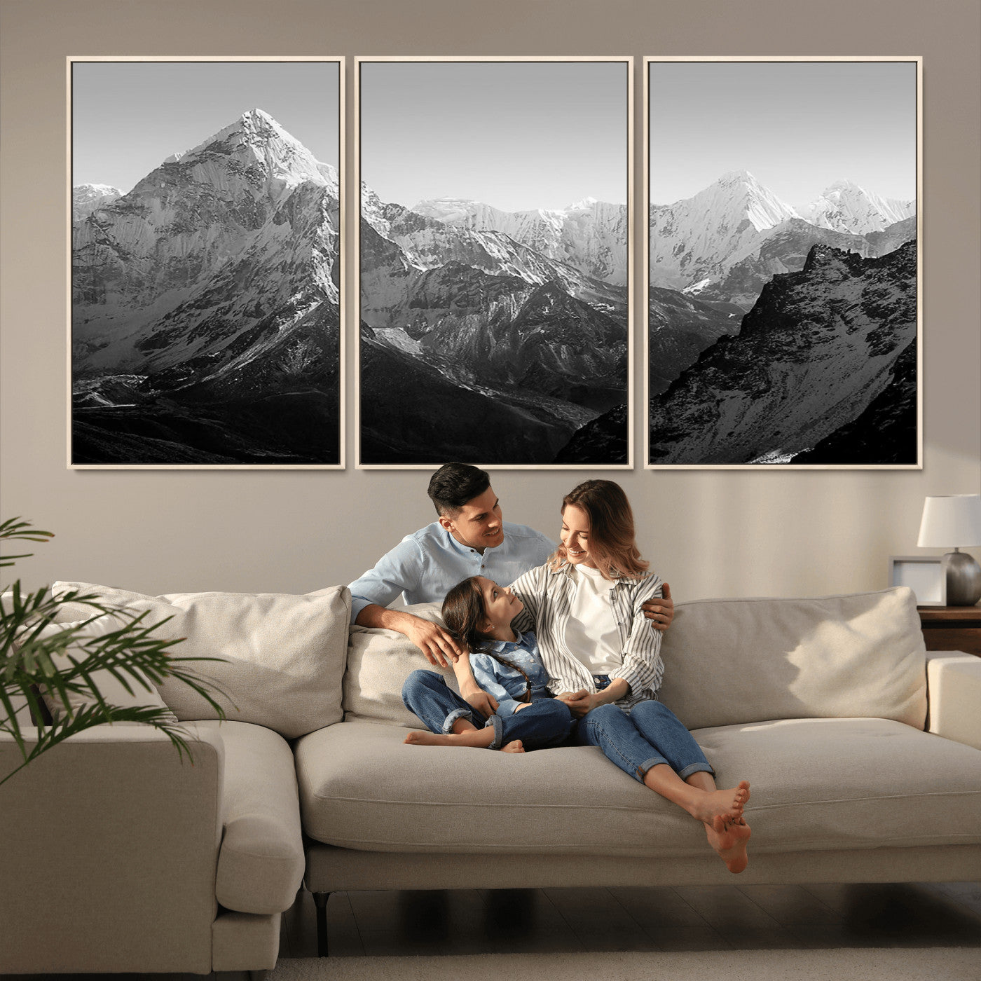 MGV-FC-60X30-3P - Everest Himalaya Mountain Peaks Black & White Triptych Canvas Art – Mountain Wall Decor for Minimalist Interiors