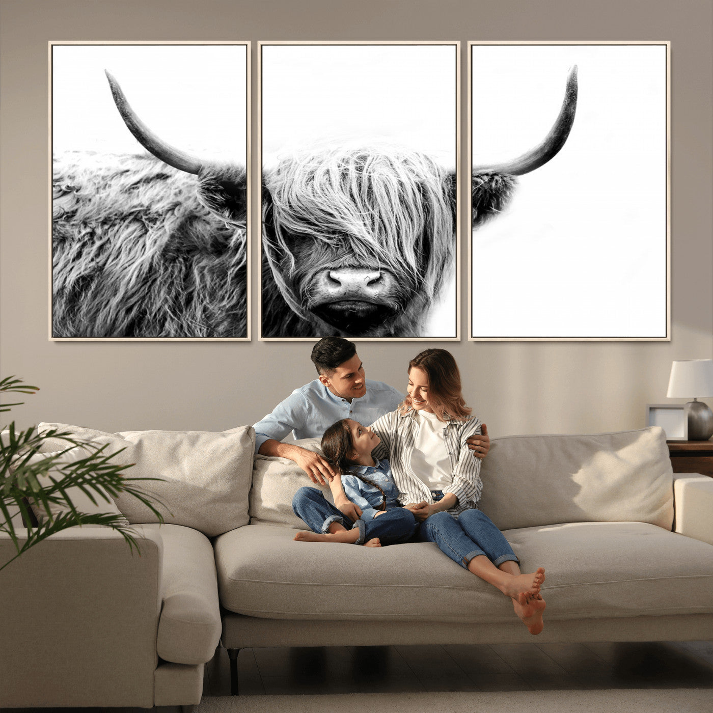 MGV-FC-60X30-3P - Black White Scottish Highland Cow Cattle Art Print Farmhouse Wall Art Canvas Print