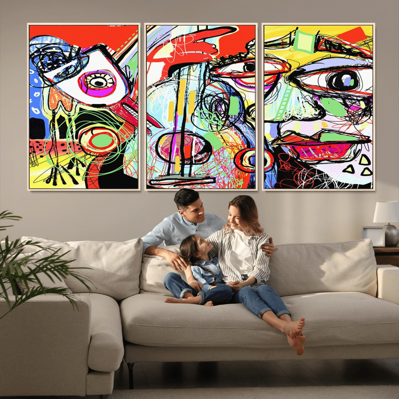 MGV-FC-60X30-3P - Picasso Style Art Abstract Canvas Wall Art Print , Colorful Abstract Artwork