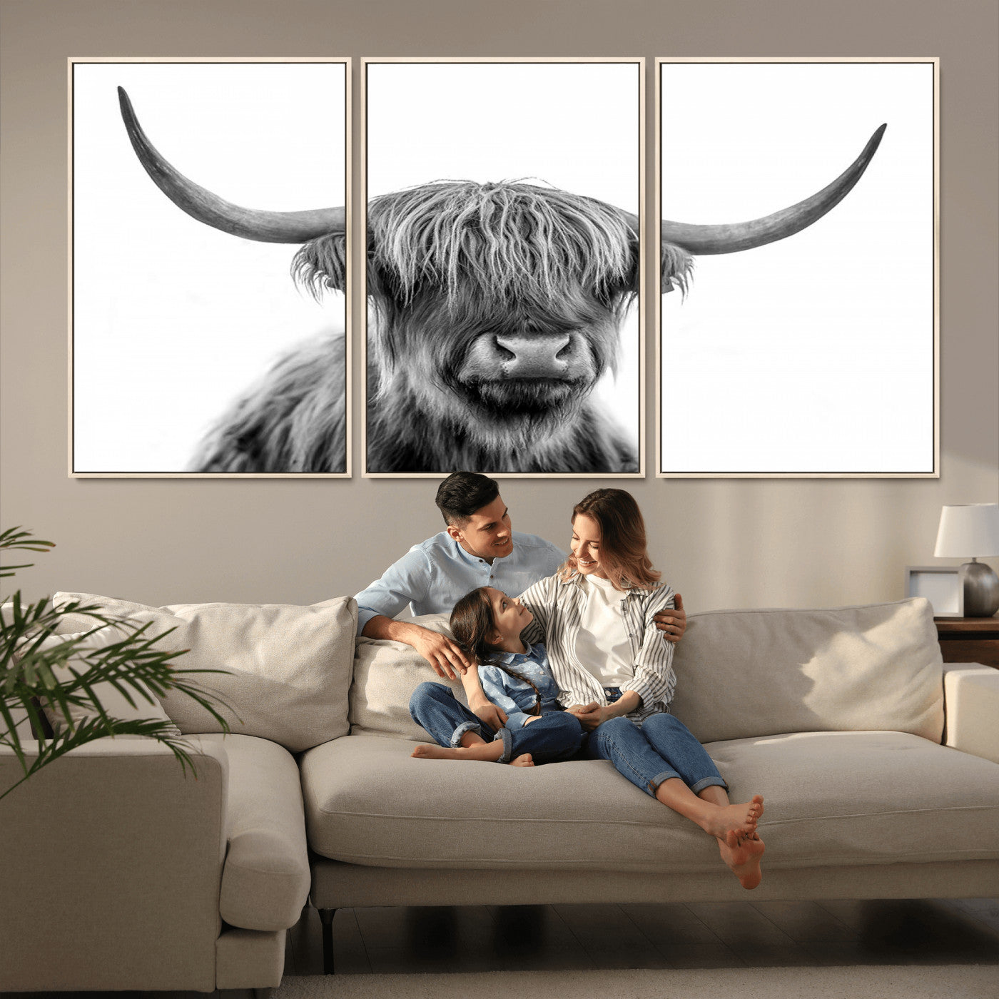 MGV-FC-60X30-3P - Scottish Highland Cow Cattle Art Print Wall Art Canvas Print for Farmhouse Decor, Framed Scottish