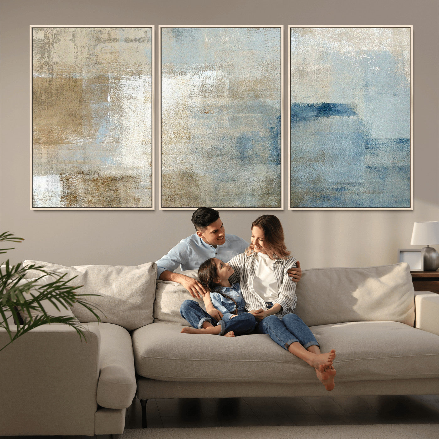 MGV-FC-60X30-3P - Abstract Blue and Beige Wall Art, Modern Minimalist Canvas Print Set, Giclee Textured Art, Large Multi-Panel Artwork for Living Room