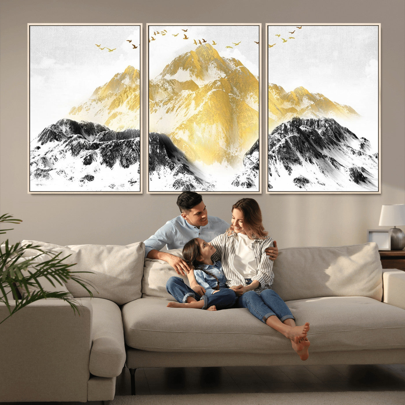 MGV-FC-60X30-3P - Golden Mountain Triptych Wall Art, Modern Giclee Canvas Print, Nature Landscape Decor for Living Room, Contemporary Gold and Black Wall Art