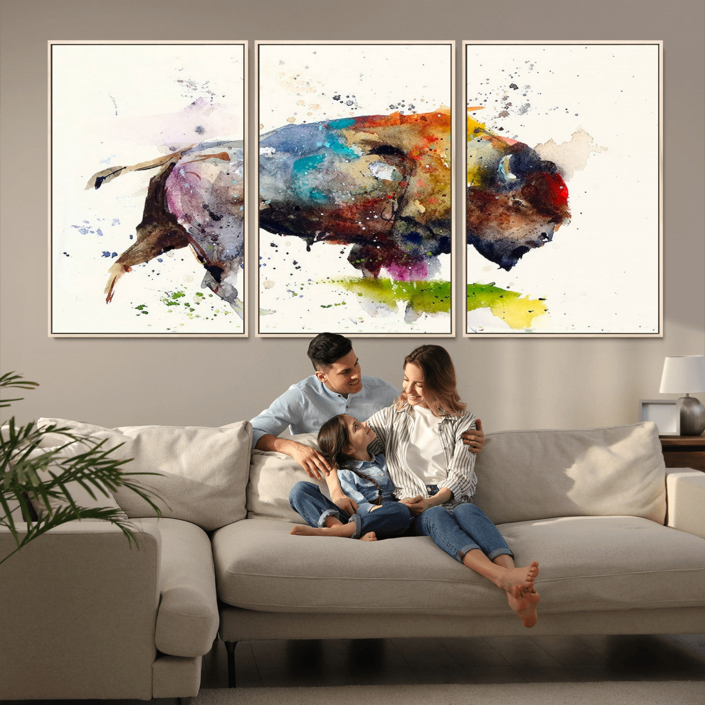MGV-FC-60X30-3P - Abstract Buffalo Wall Art, Western Watercolor Bison Canvas Print, Rustic Buffalo Art for Cowboy and Western Decor, Large Multi-Panel Giclee Canvas