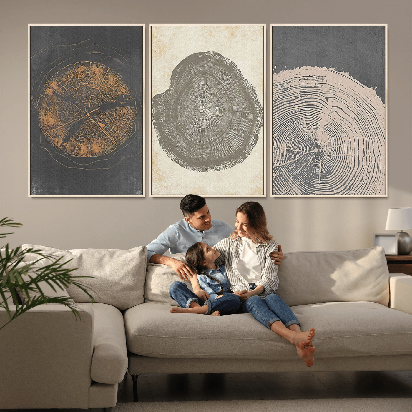 MGV-FC-60X30-3P - Boho Tree Ring Wall Art, Modern Minimalist Wood Grain Canvas, Tree Slice for Rustic Decor, Farmhouse Decor Giclee Canvas Print, Tree Ring Canvas Set