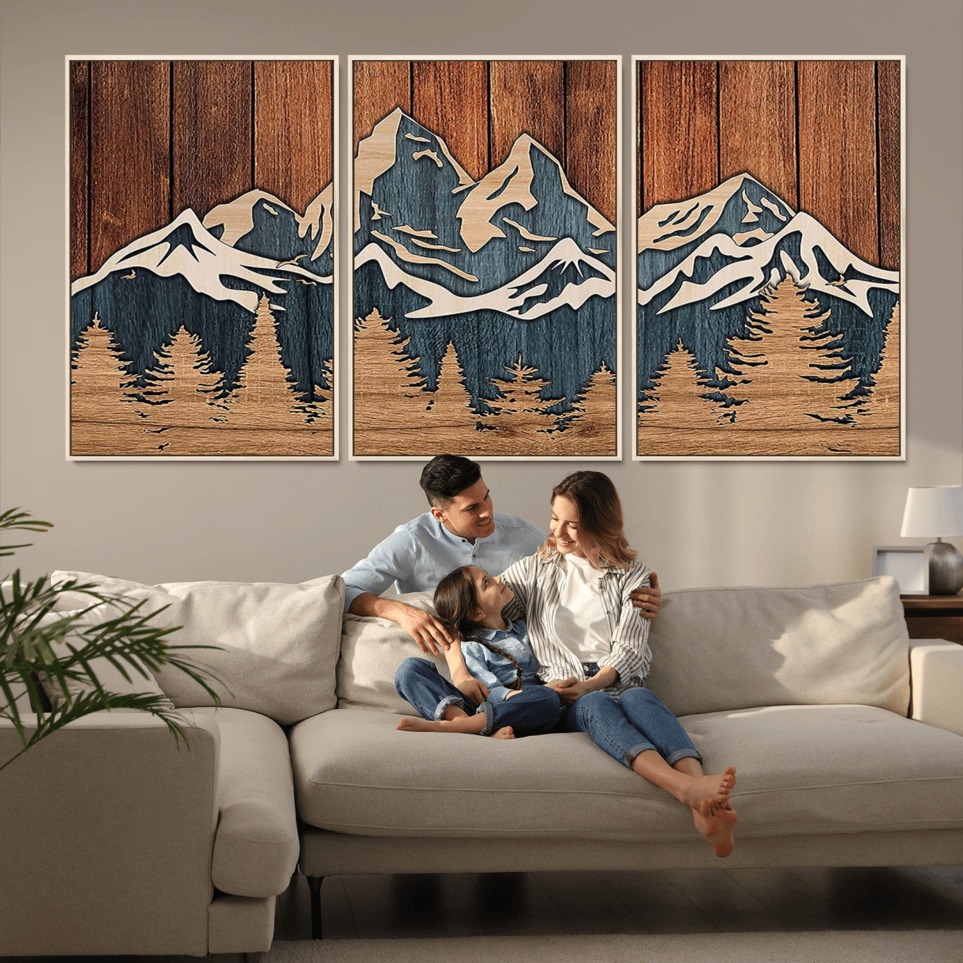 MGV-FC-60X30-3P - Rustic Wood Style Mountain Wall Art, Nature Forest Canvas Print, Wooden Textured Mountain Artwork, Handcrafted Landscape Decor for Farmhouse Decor