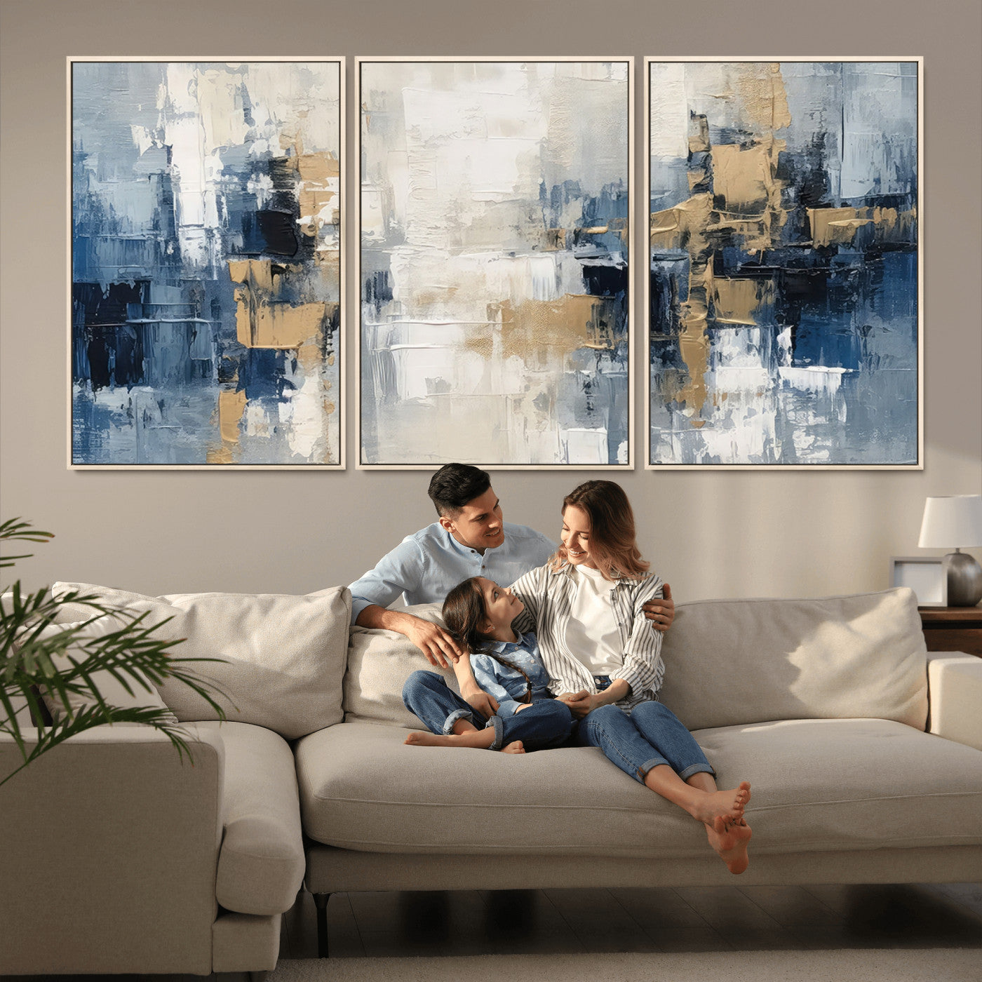 MGV-FC-60X30-3P - Modern Abstract Canvas Wall Art in Blue and Gold Tones | Large Contemporary Art for Living Room, Office, or Bedroom Décor