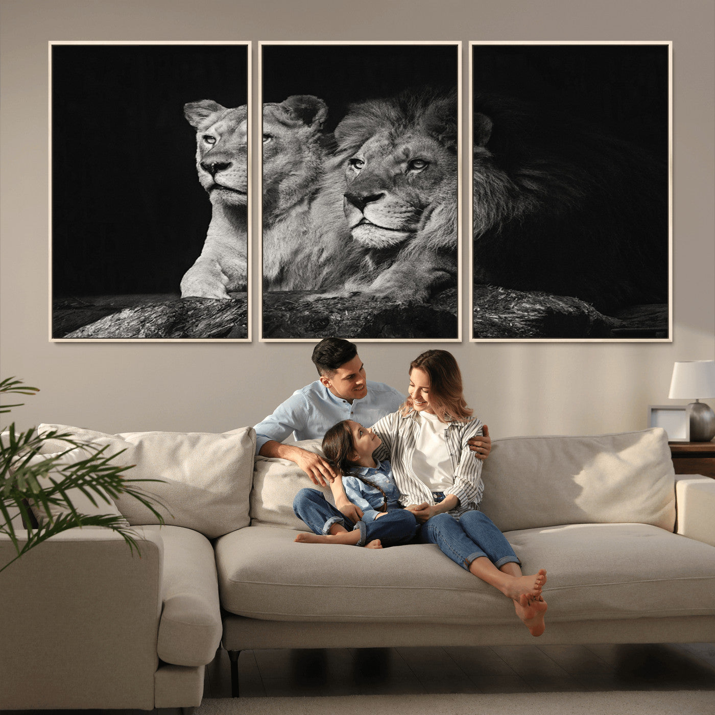 MGV-FC-60X30-3P - Lion Couple Canvas Wall Art Print – Elegant Wildlife Portrait in Black and White Lion Family – Ready to Hang