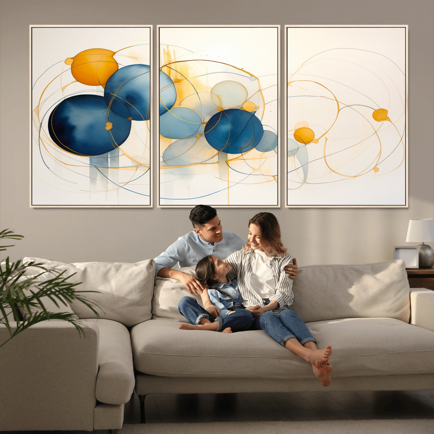 -Geometric Blue Orange Abstract Wall Art Canvas, Geometric Blue Orange Canvas Print