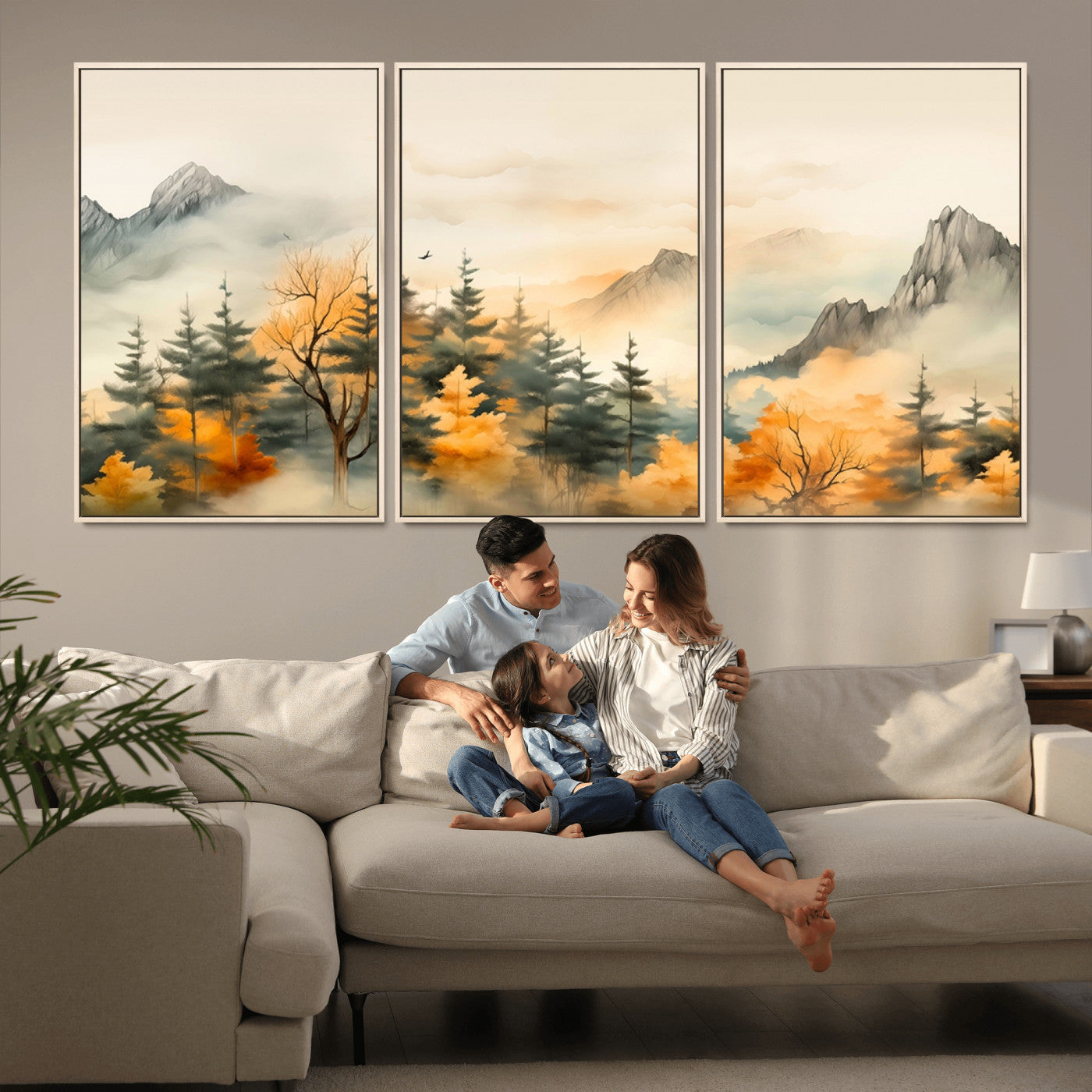 MGV-FC-60X30-3P - Abstract Watercolor Mountains and Trees Autumn Art, Watercolor Mountains and Trees Canvas Print