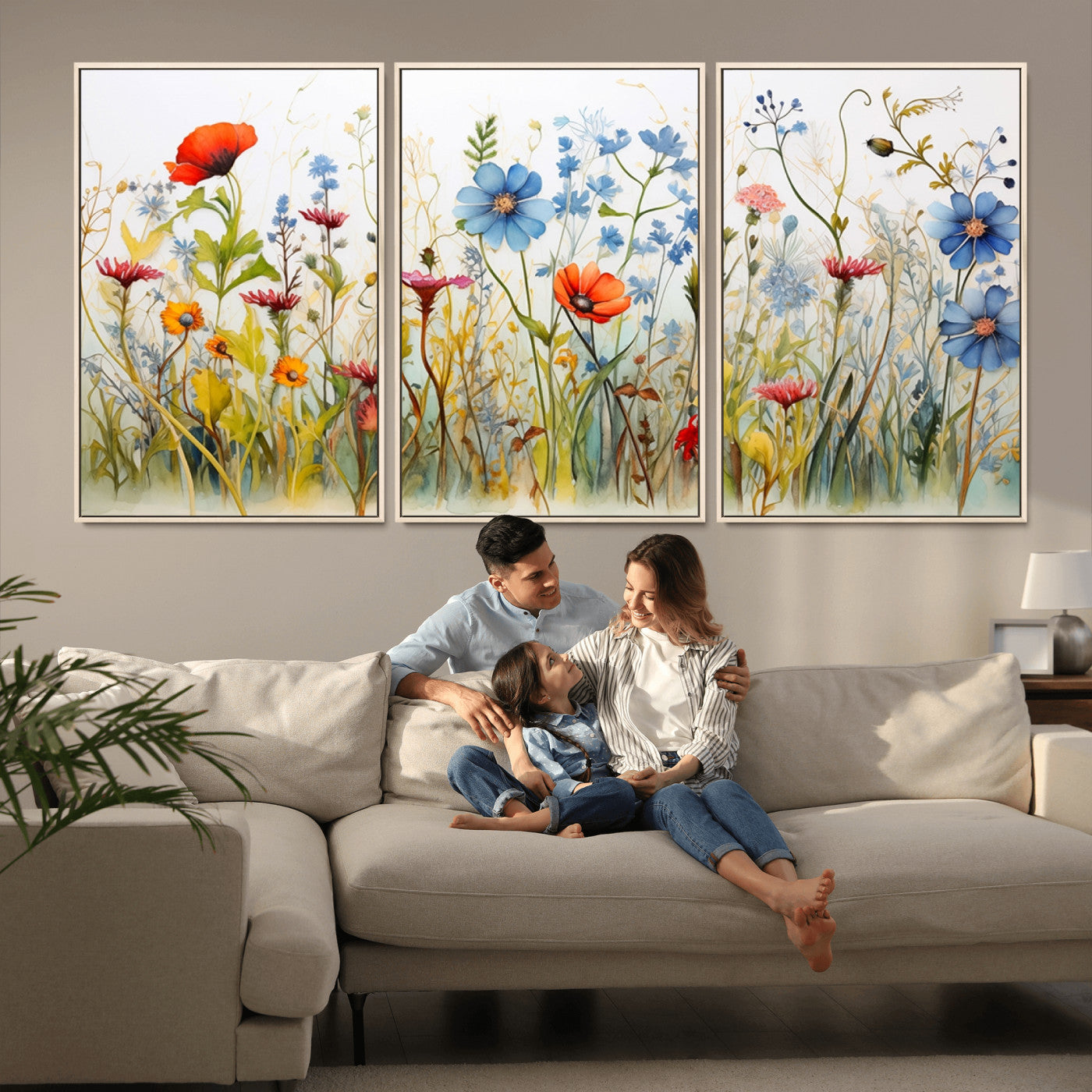 MGV-FC-60X30-3P - Colorful Wildflower Canvas Wall Art - Vibrant Floral Botanical Print, Bright Nature Decor for Living Room, Large 3 Panel Set, Ready to Hang