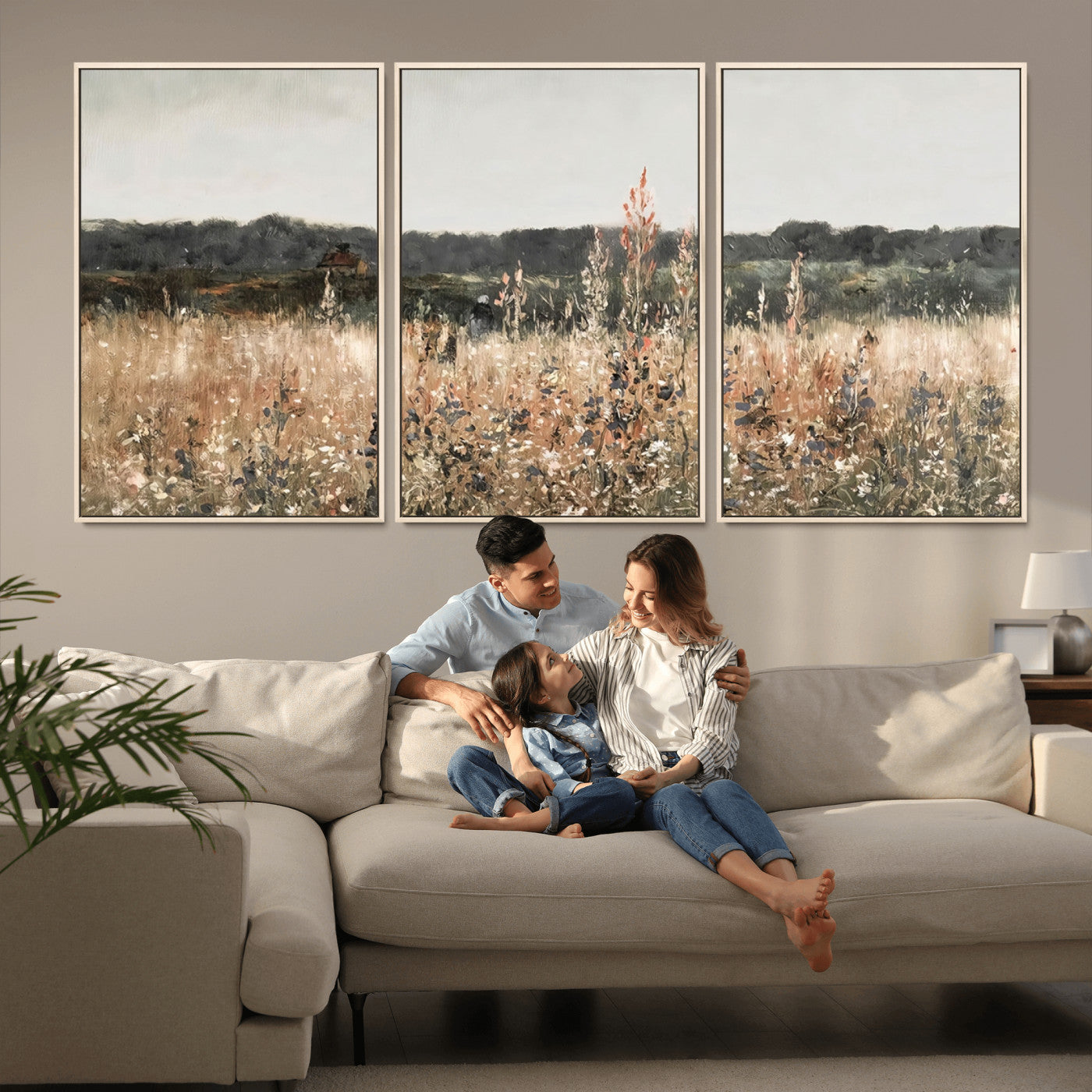 MGV-FC-60X30-3P - Abstract Wildflower Art Field Landscape Oil Painting Print, Country Field Wall Art - Framed Ready to Hang
