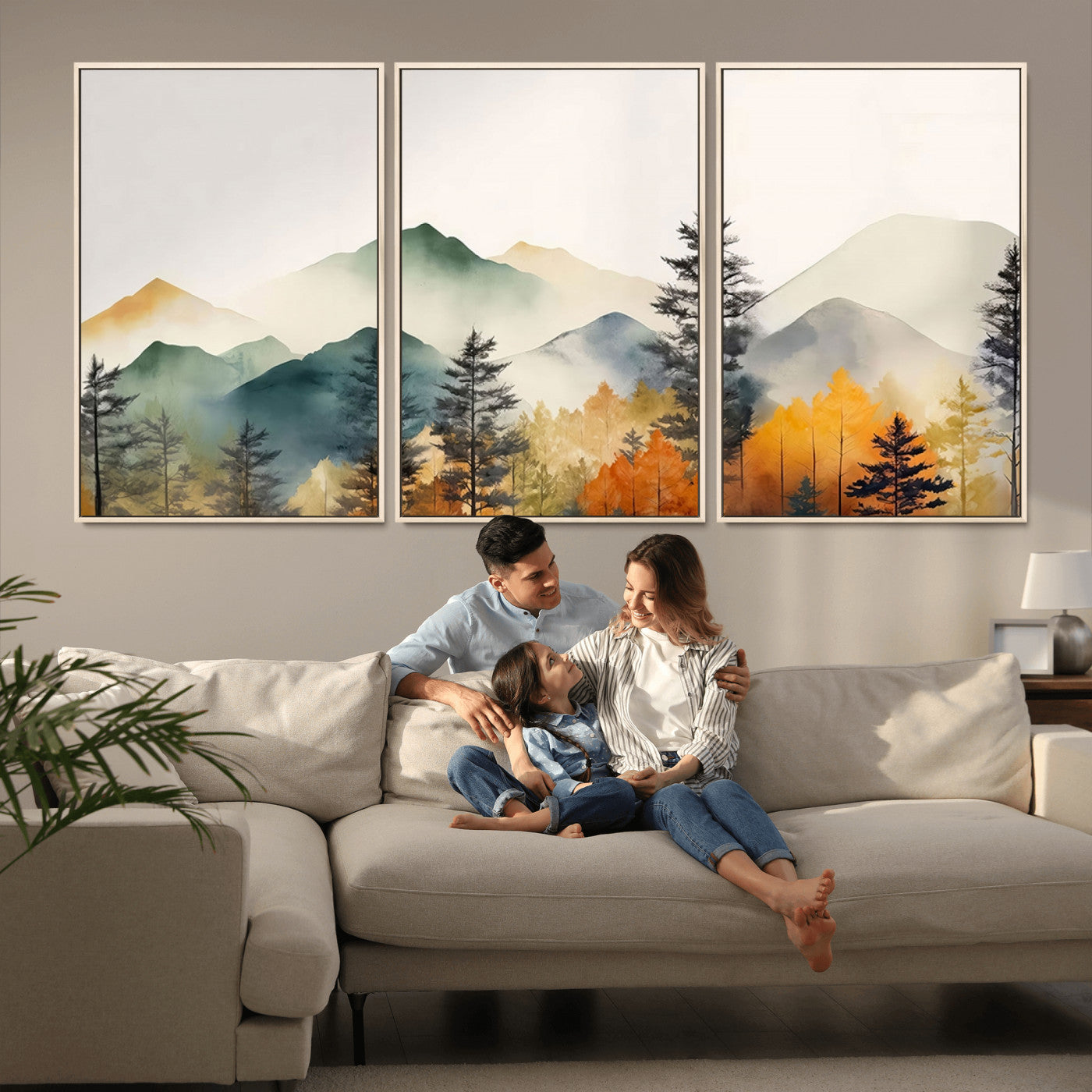MGV-FC-60X30-3P - Abstract Watercolor Mountains and Trees Autumn Wall Art, Mountains and Trees Autumn Wall Art Canvas